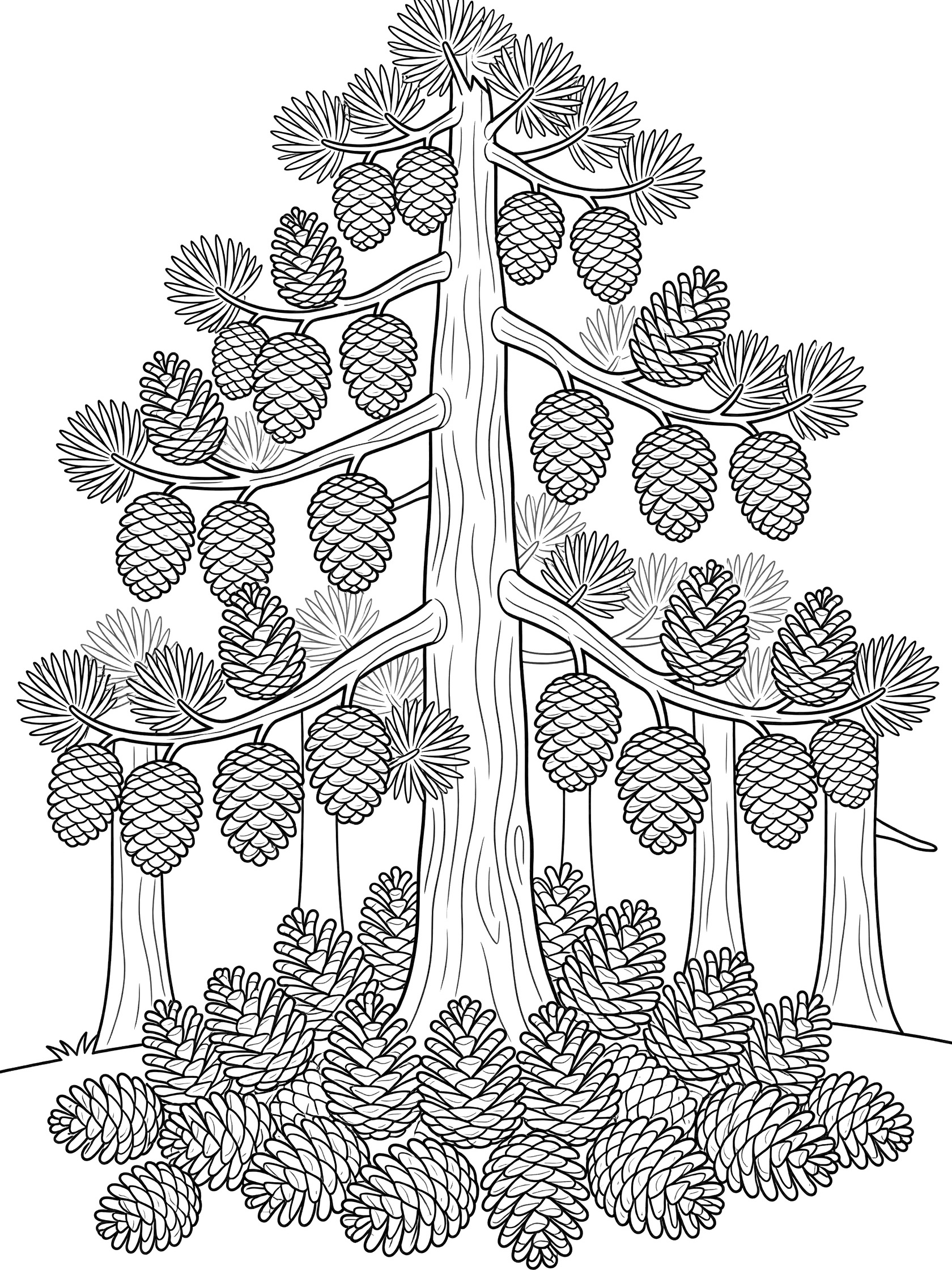 Black and white coloring page showing a pine tree with pine cones hanging from branches and piled on the forest floor below.