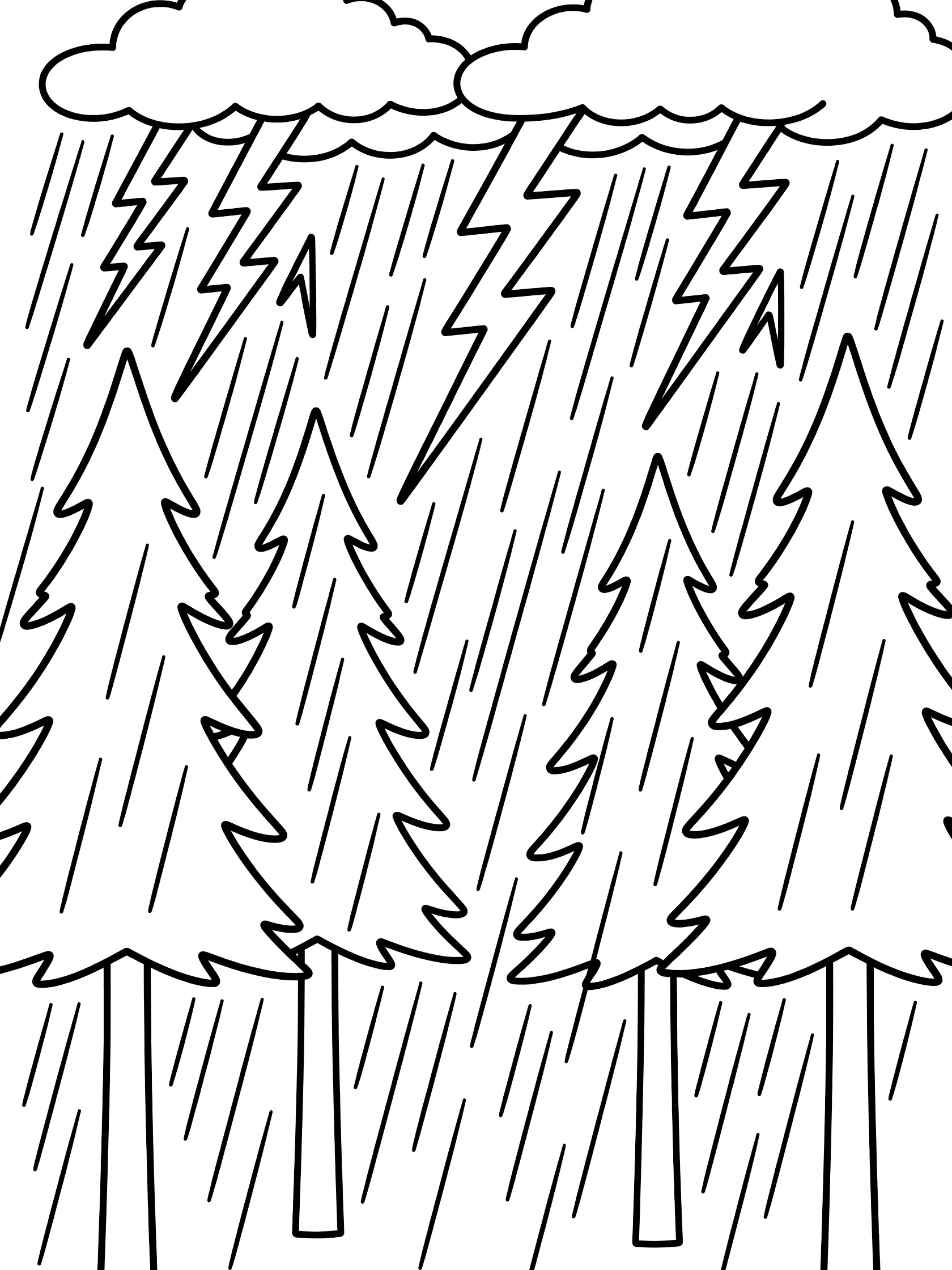 Black and white line art of tall pine trees in a forest with heavy straight rain lines falling and jagged lightning bolts from fluffy thunderclouds above.