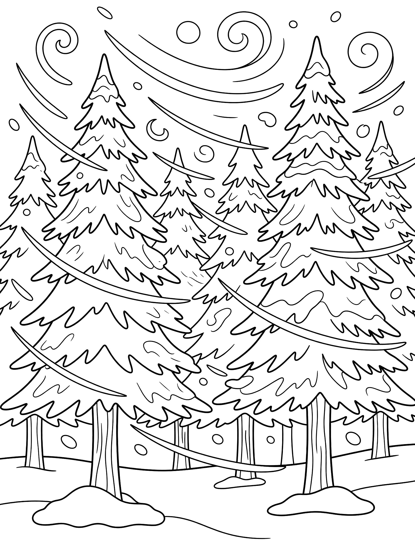 Black and white line art coloring page of tall pine trees in a forest with swirling wind and snow blowing around branches and snowdrifts at bases