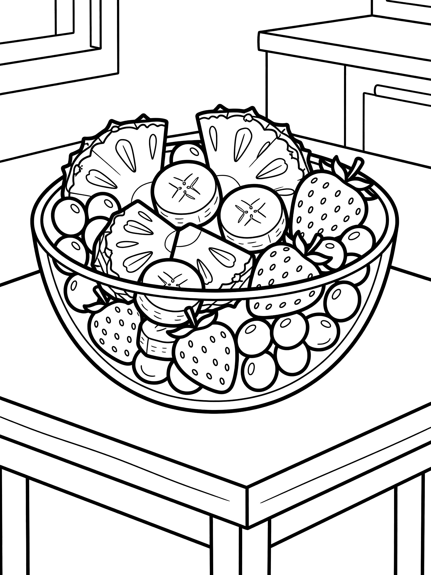 Kawaii style line art coloring page showing pineapple chunks mixed with bananas, strawberries and grapes in a clear glass bowl on a kitchen table.