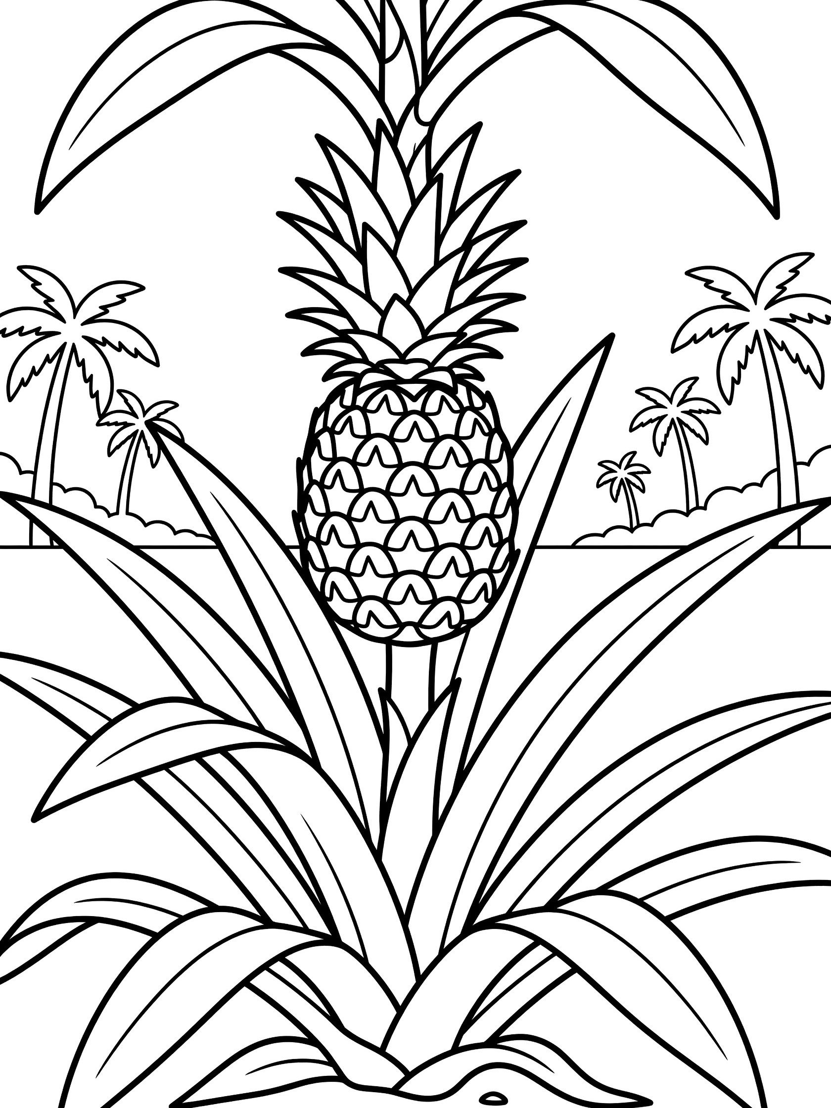 Line art coloring page showing a detailed pineapple hanging from a spiky plant with broad leaves and distant palm tree silhouettes in a field.