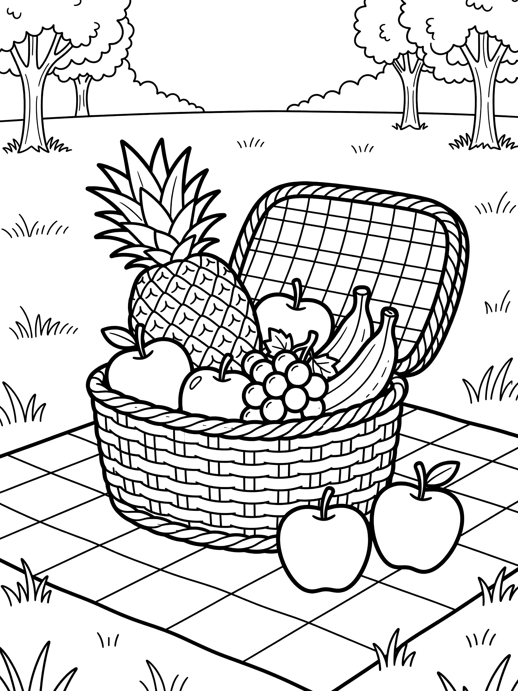 Line art coloring page showing a large pineapple top peeking from an open wicker picnic basket overflowing with apples, bananas and grapes on a checkered picnic blanket in a meadow with distant trees.
