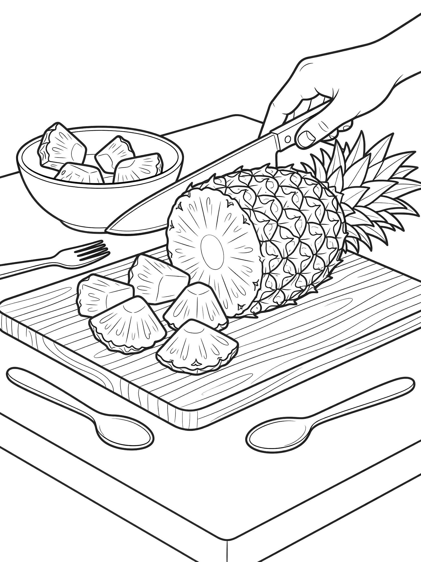 Line art coloring page showing a whole pineapple sliced open by a knife on a wooden cutting board, with triangular pieces in a bowl and nearby utensils on a kitchen counter.
