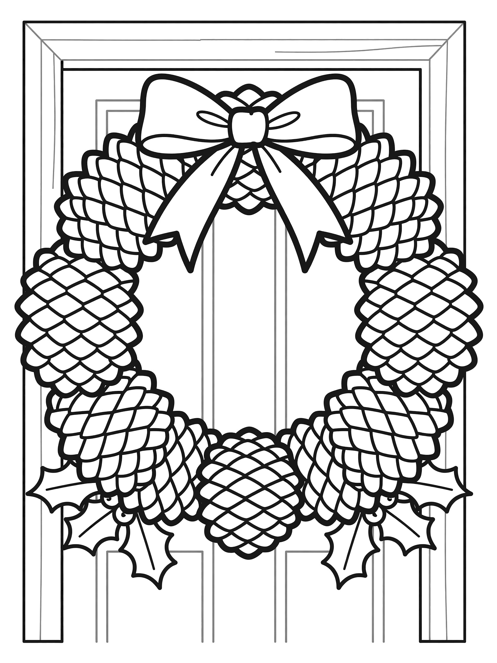 Black and white line art coloring page showing a circular wreath of pinecones and holly with a bow, framed by a simple door outline.