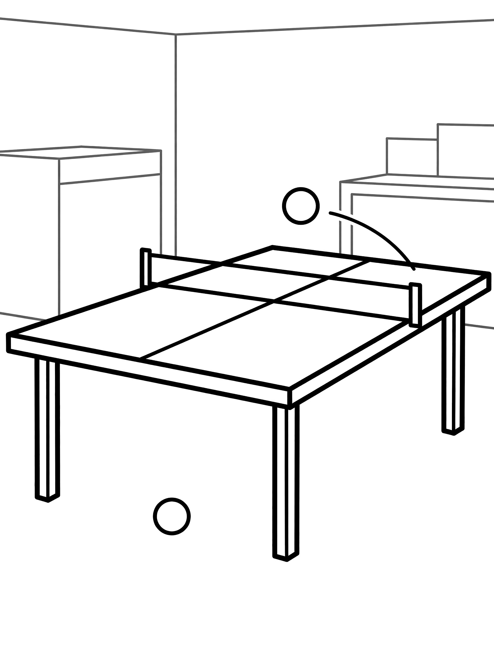 Black and white coloring page of a ping pong ball bouncing energetically toward the ping pong table edge, with net and a stray ball