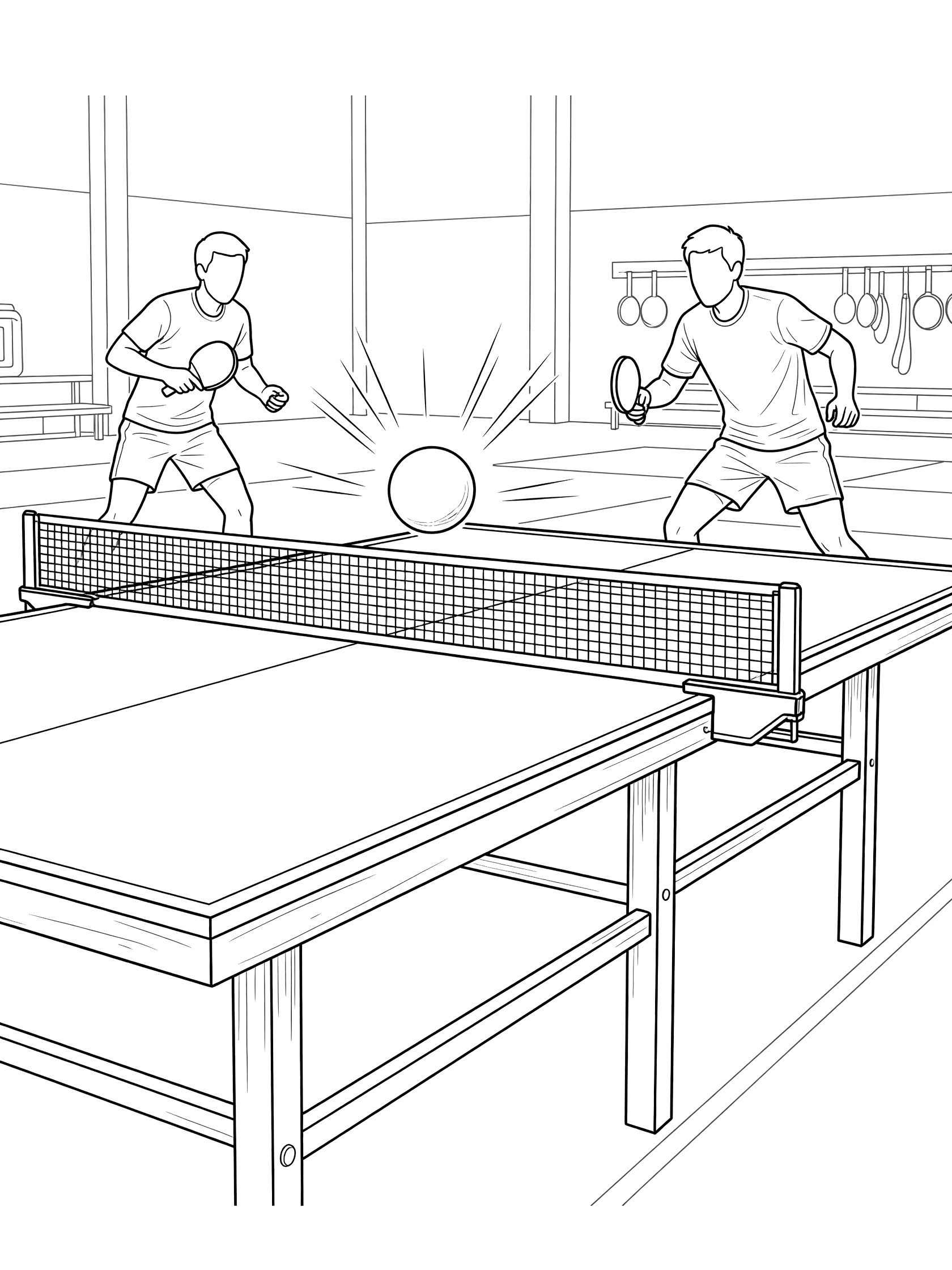 Printable coloring page showing a ping pong ball hitting the top edge of the net with players on both sides of the table and motion effects.