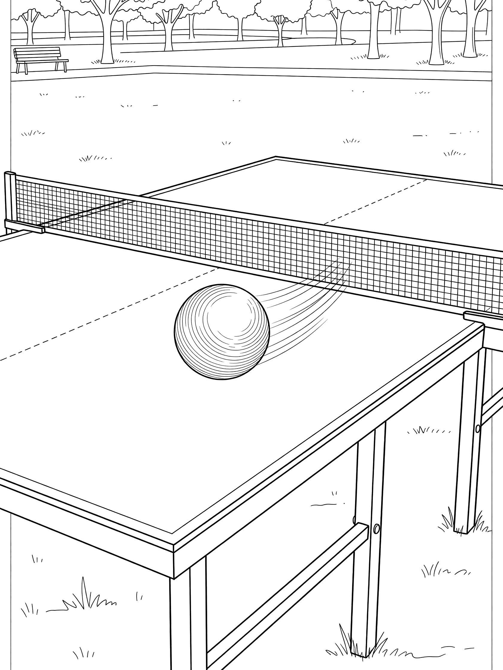 Black and white line art of a ping pong ball with spin patterns rolling past the net on a park table tennis table surrounded by trees and grass.