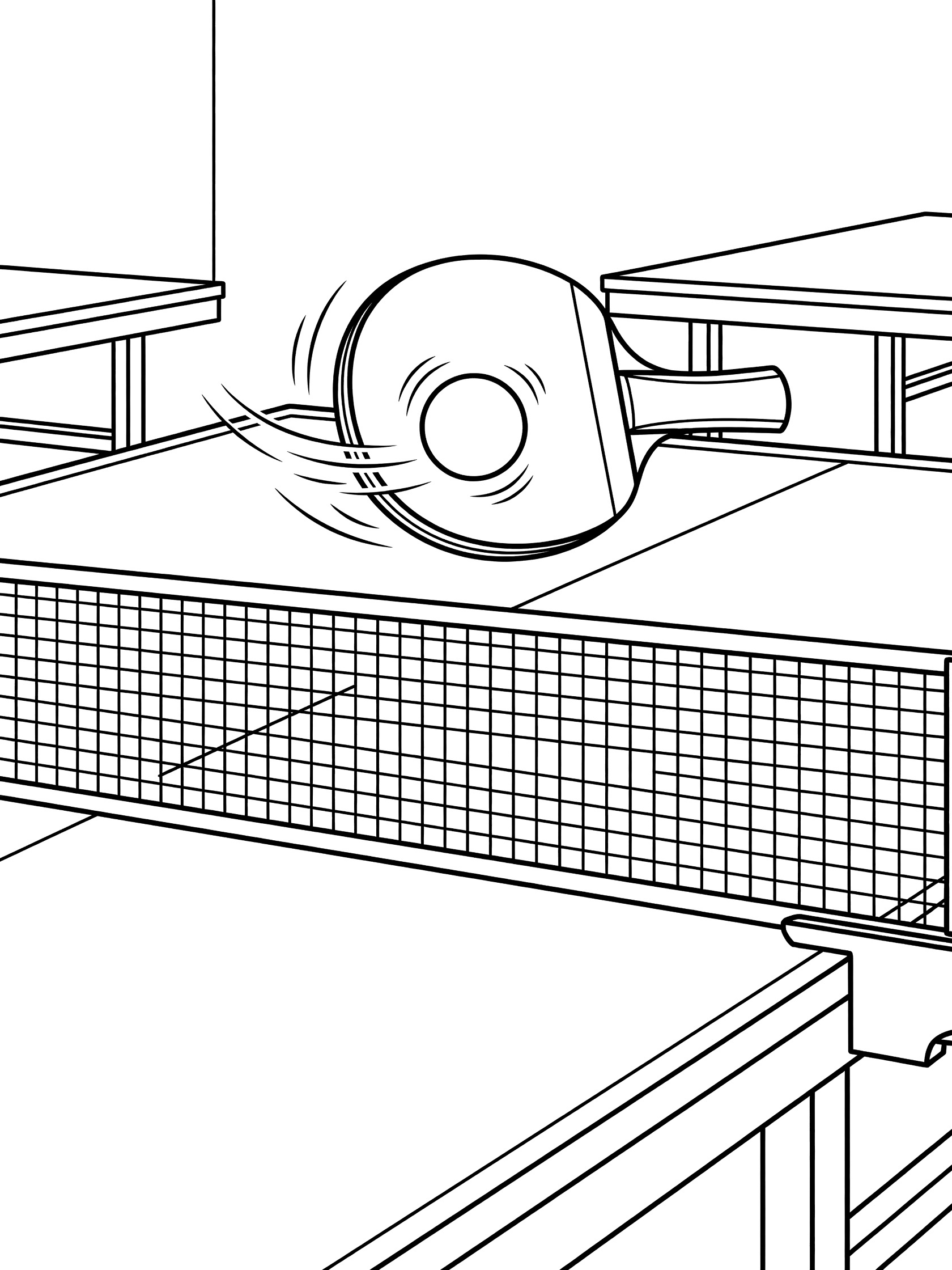 Black and white line art of a ping pong ball with motion lines spinning rapidly off a ping pong paddle above the net on a table tennis table.