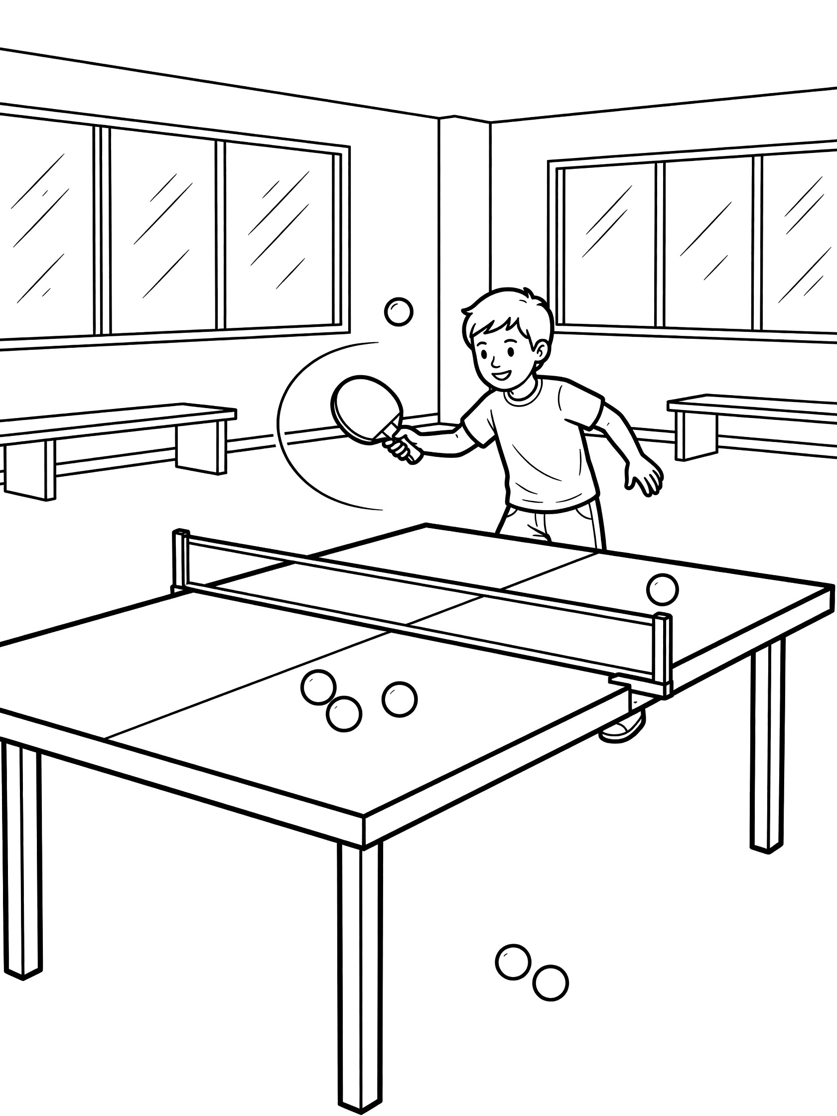 Line art coloring page showing a boy twisting his paddle for a spinning ping pong shot. Ball curves over net, extra balls on table, benches and windows in background.