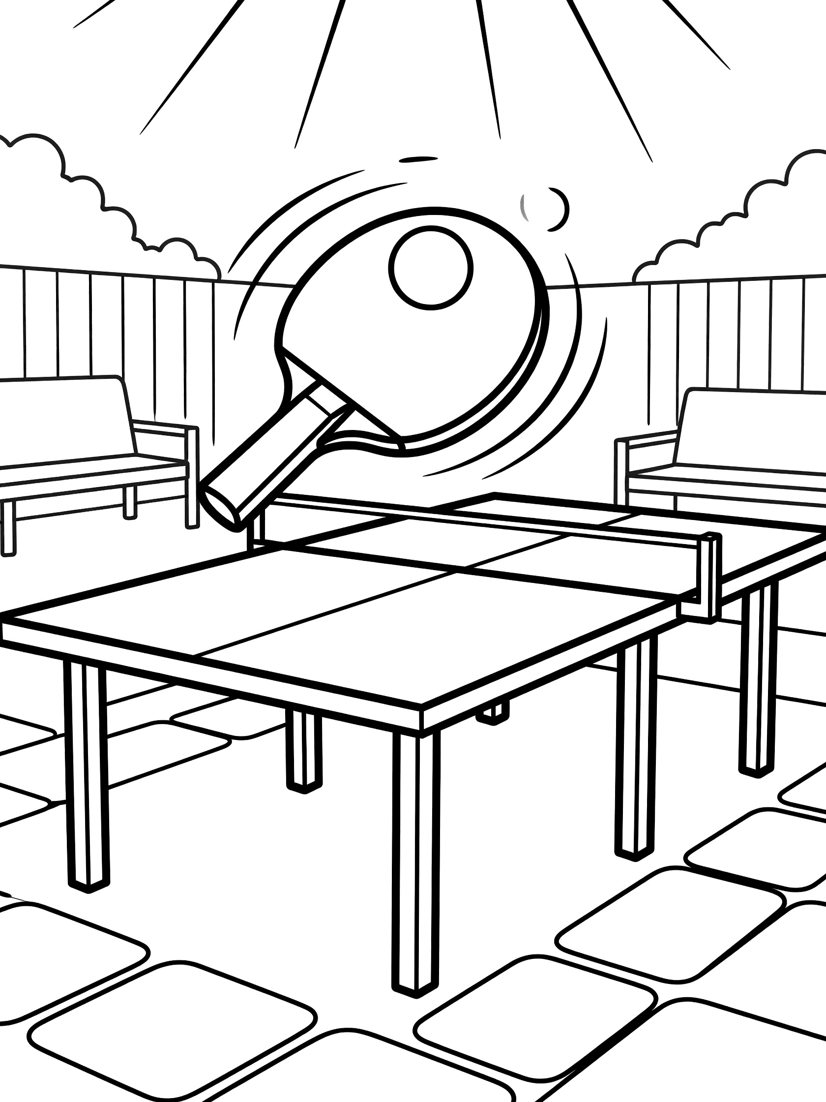 Black and white coloring page showing a ping pong paddle gripping and bouncing a ping pong ball mid-air on a table tennis table set on a sunny backyard patio with motion lines