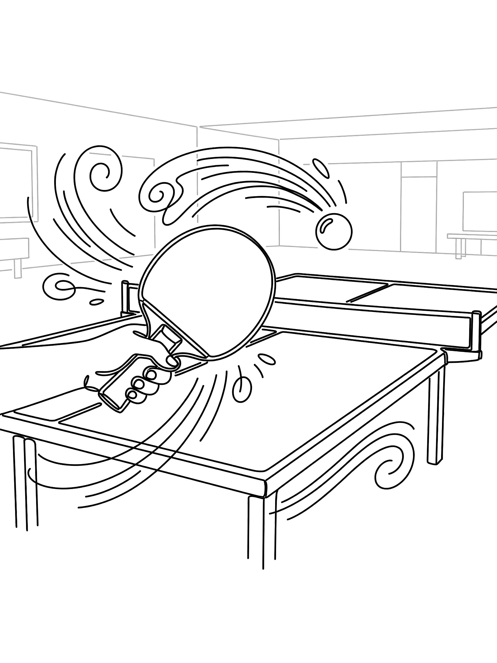 Black and white line art of ping pong paddle hitting ball back over net during rally on table tennis table with speed swirls and community hall background