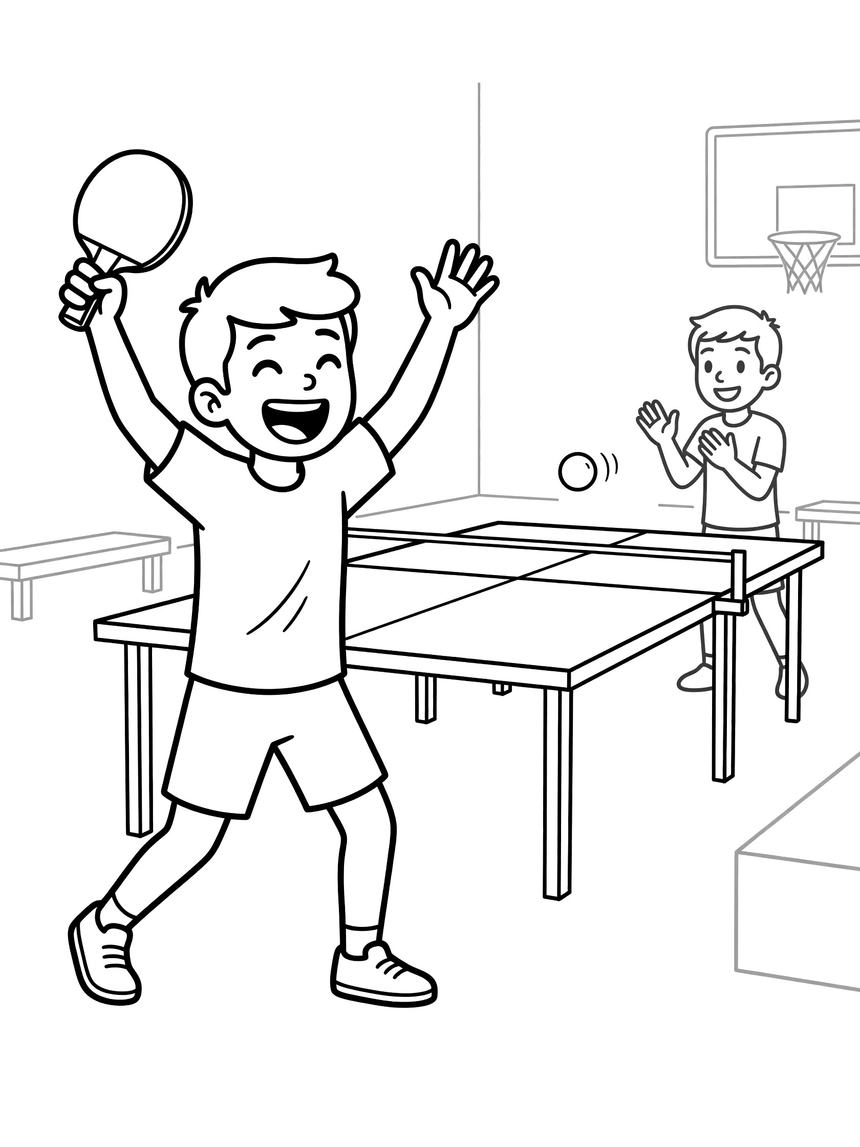 Black and white line art of a happy ping pong player celebrating a point win by raising his paddle, with table tennis table, ball in air, net, and opponent clapping nearby.