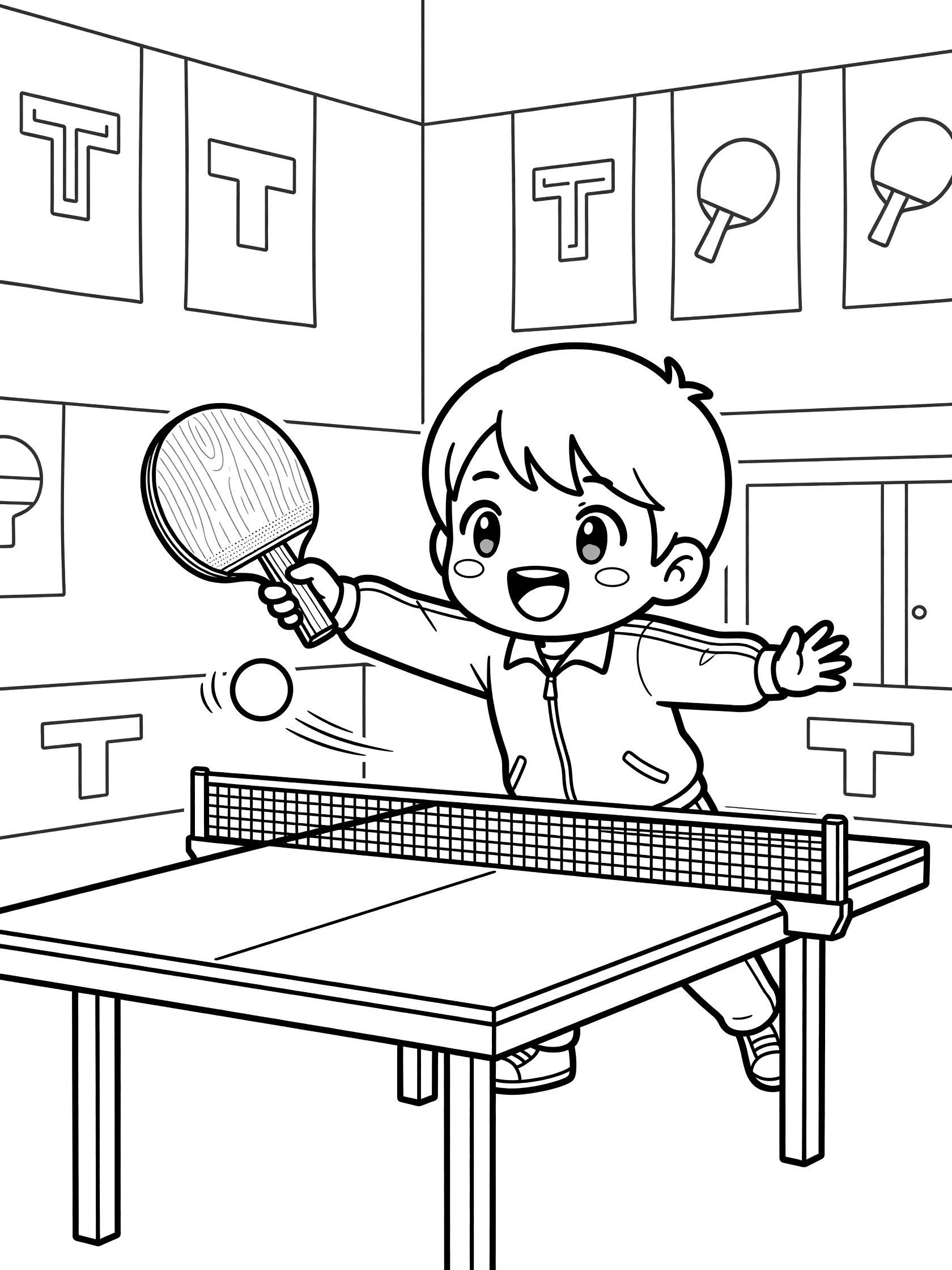Black-and-white coloring page of a happy Player twisting a paddle for a spin serve in ping pong, with ball flying over the net, table tennis setup, and background banners.