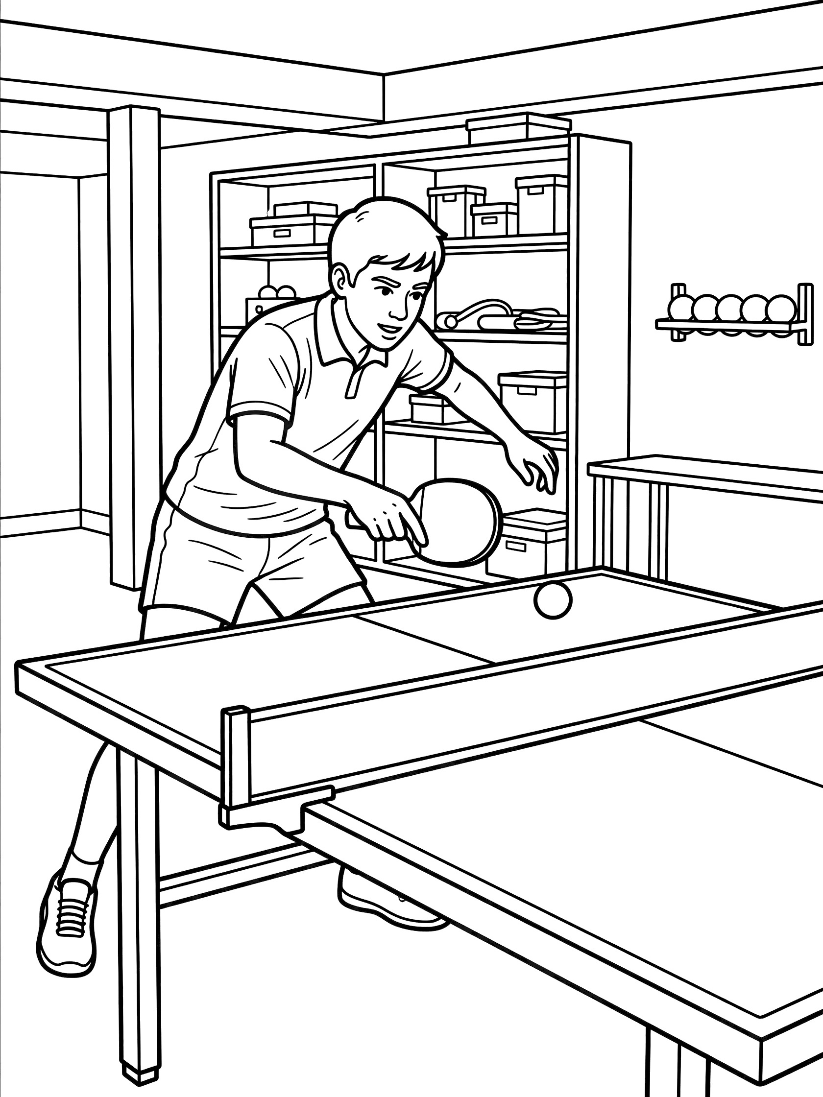 Black-and-white coloring page of a ping pong player in a basement rec room returning a forehand shot over the table tennis table with paddle extended toward the ball near the net.