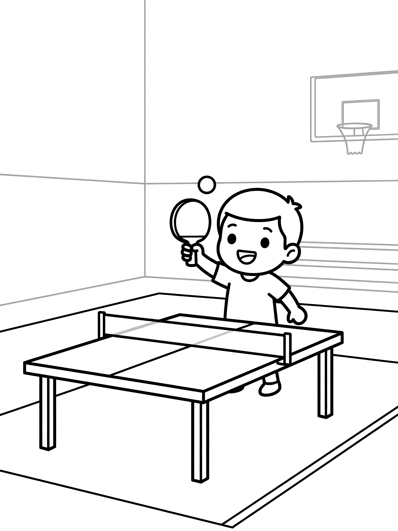 Cute cartoon ping pong player with paddle raised high, serving a small ball over the table tennis net in a gym with basketball hoop