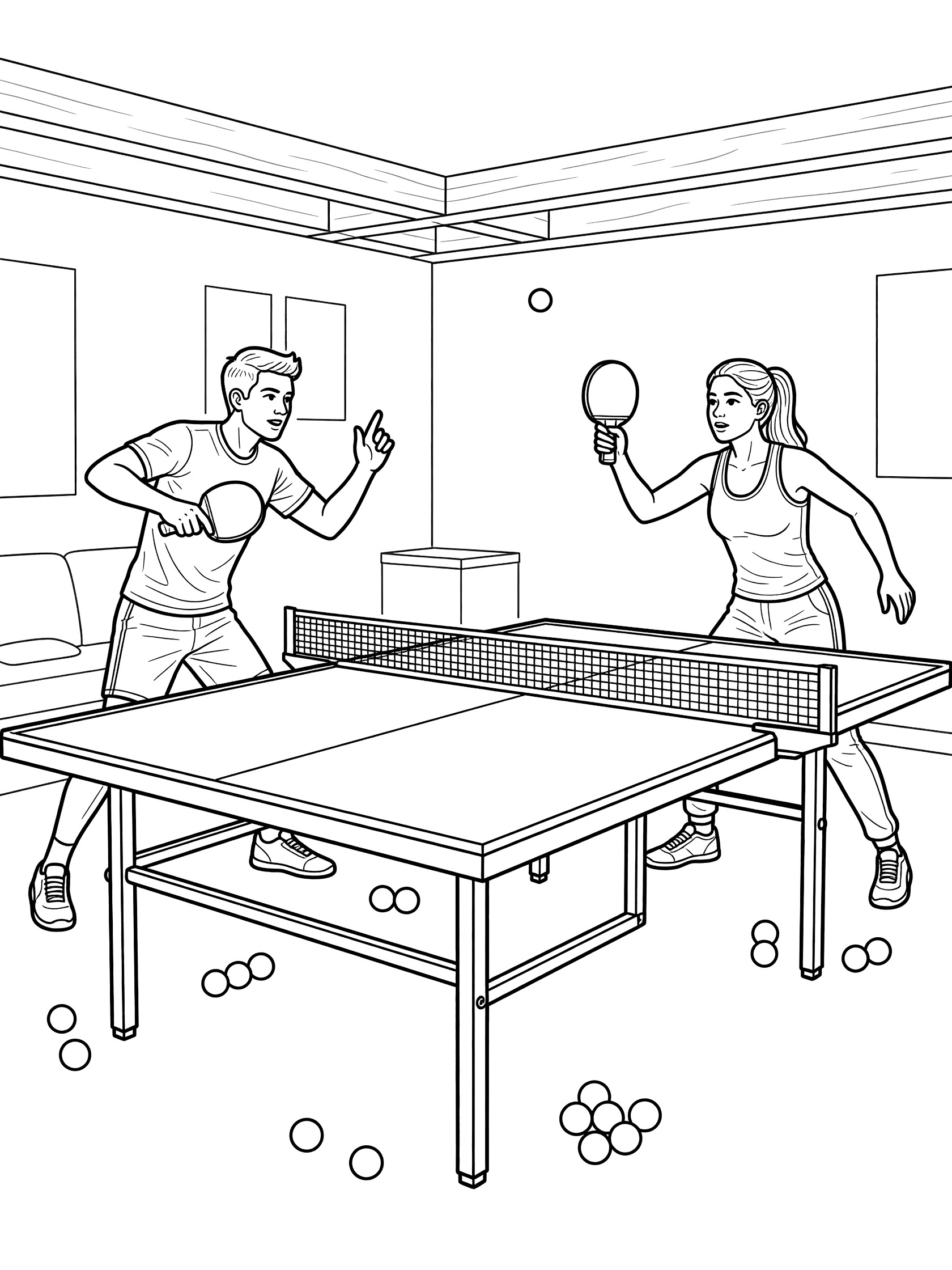 Two kids playing ping pong with ball soaring over the net during a rally, paddles poised, scattered balls on floor in basement rec room coloring page