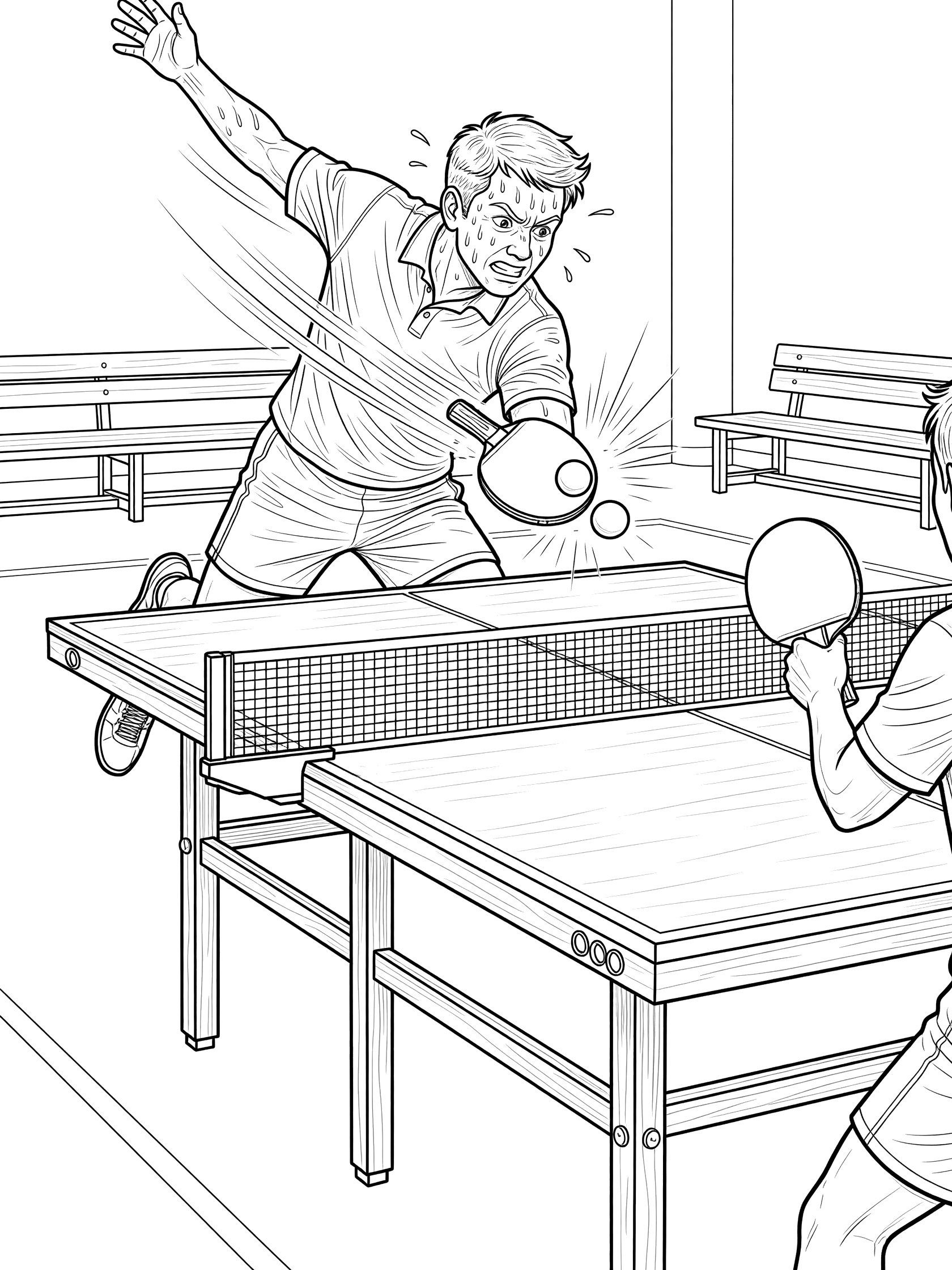 Black and white line art of two players at a ping pong table, one smashing the ball hard over the net with motion blur and sweat drops