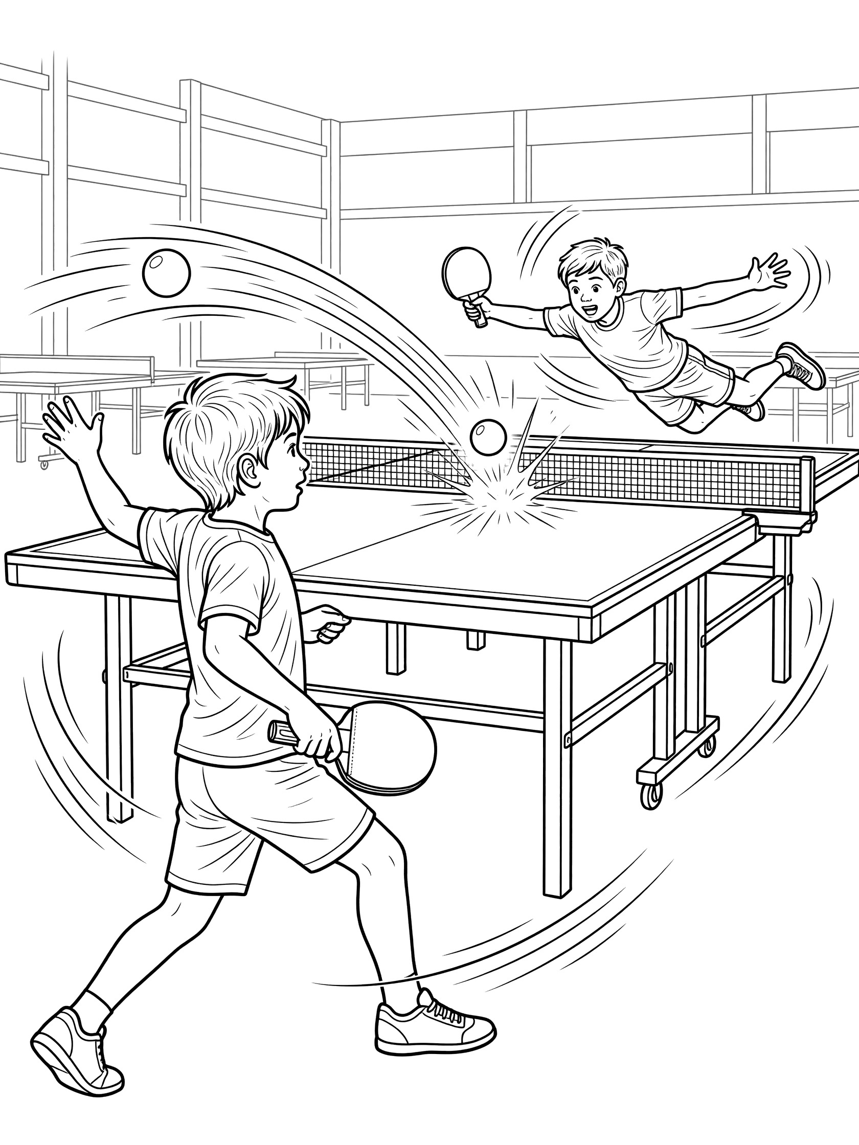 Black and white line art of kids playing ping pong game, one smashing a powerful victory shot as the other dives across the table in a gym hall.