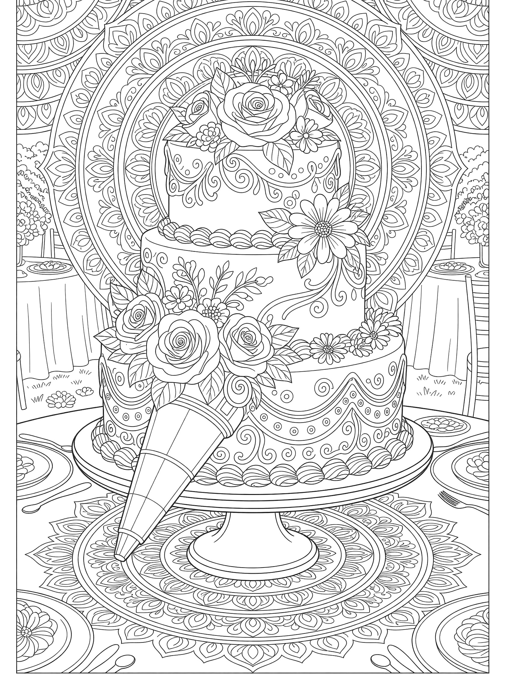Detailed coloring page of a tall celebration cake decorated with piped flowers, leaves, swirls, and a cone on a stand at a garden party table.