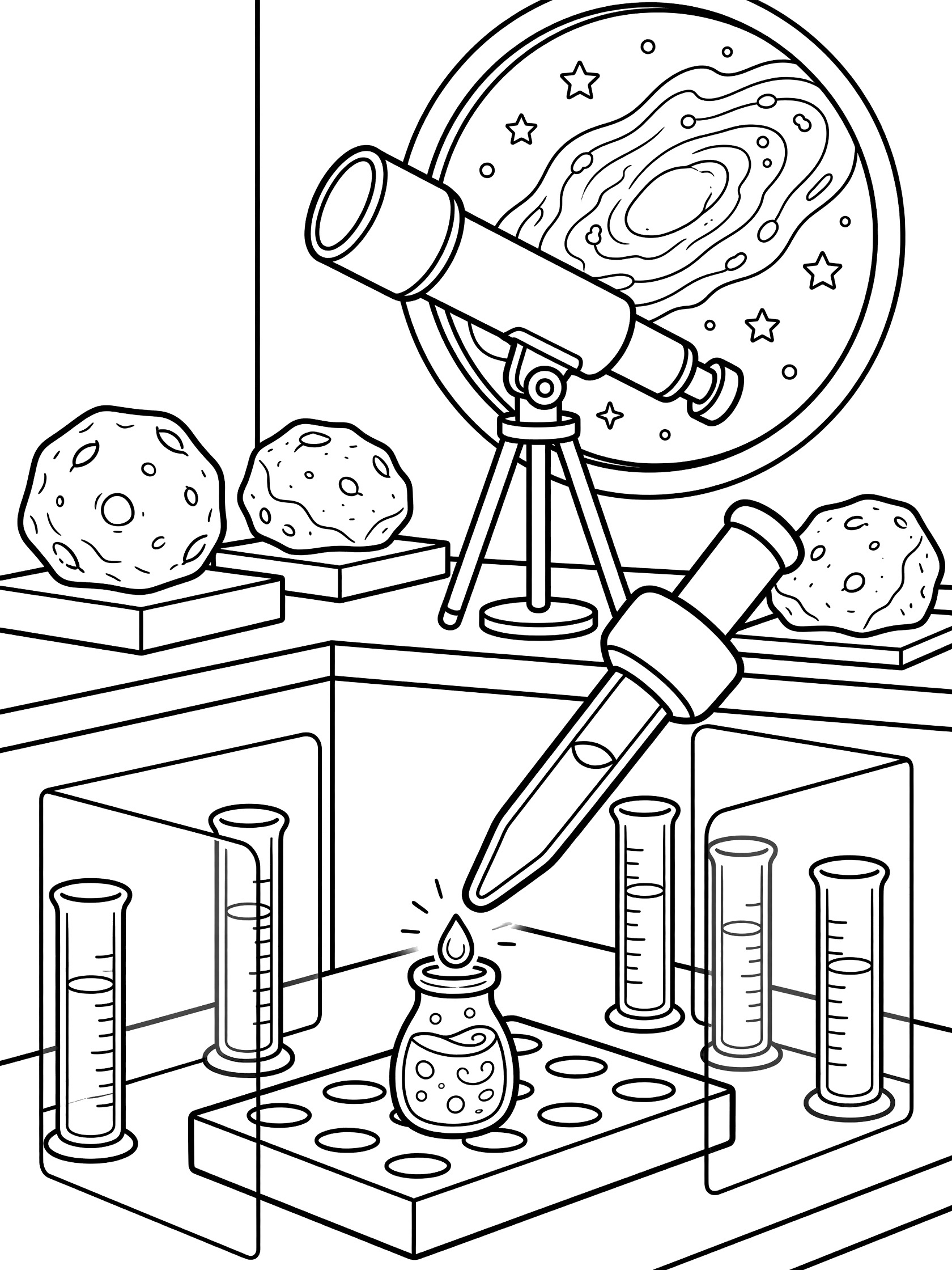 Kawaii style coloring page showing a pipette dropping sample into a tray in a science lab with telescope viewing nebula, moon rocks, and cylinders