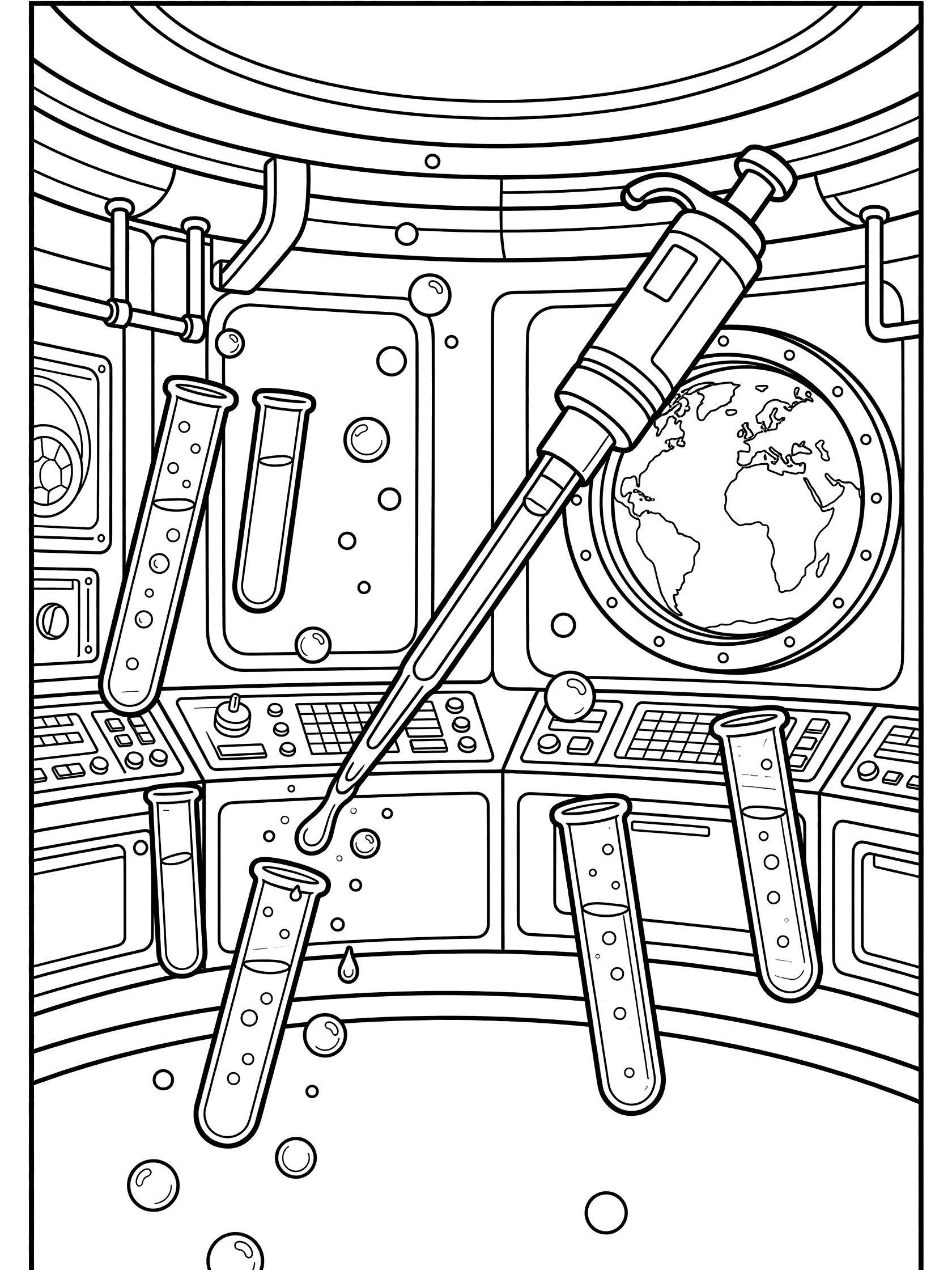 Black-and-white line art of a pipette in a high-tech space lab, dropping bubbles that float around test tubes and vials in zero gravity, with Earth visible through a window.