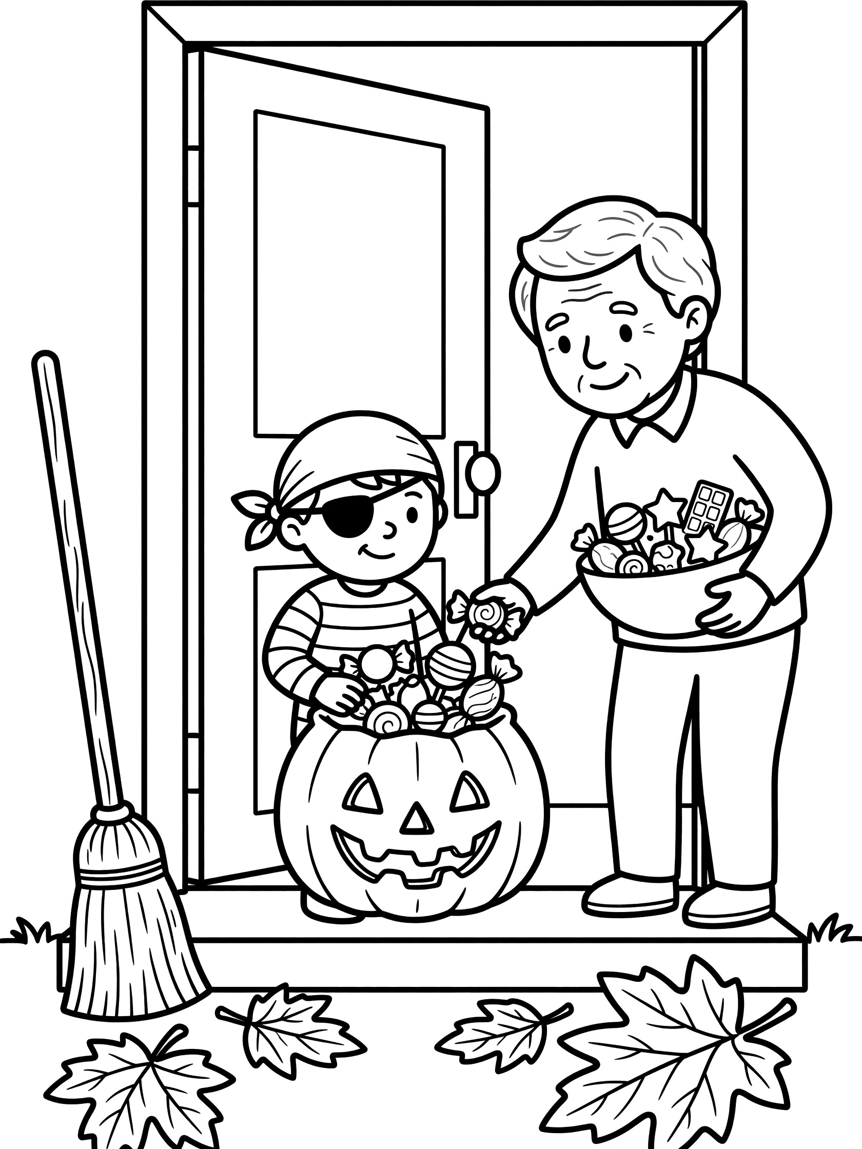 Black and white line art of trick-or-treating: boy in pirate costume with open pumpkin bag, neighbor handing candies at house door, broom and fall leaves nearby