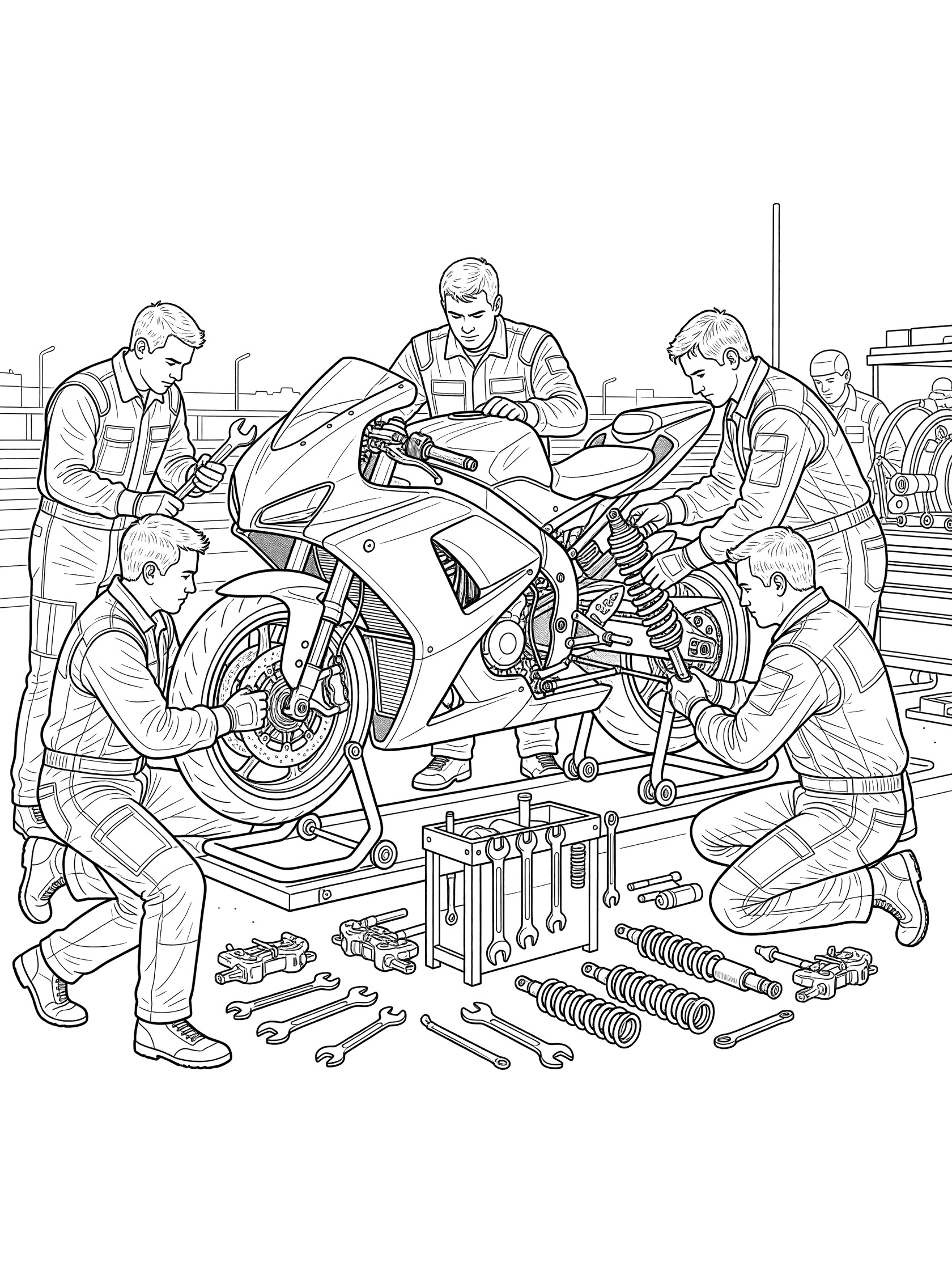 Black and white line art of Moto GP pit crew members in uniforms adjusting motorcycle suspension with wrenches, stands, shocks, and tools on the trackside pit area.