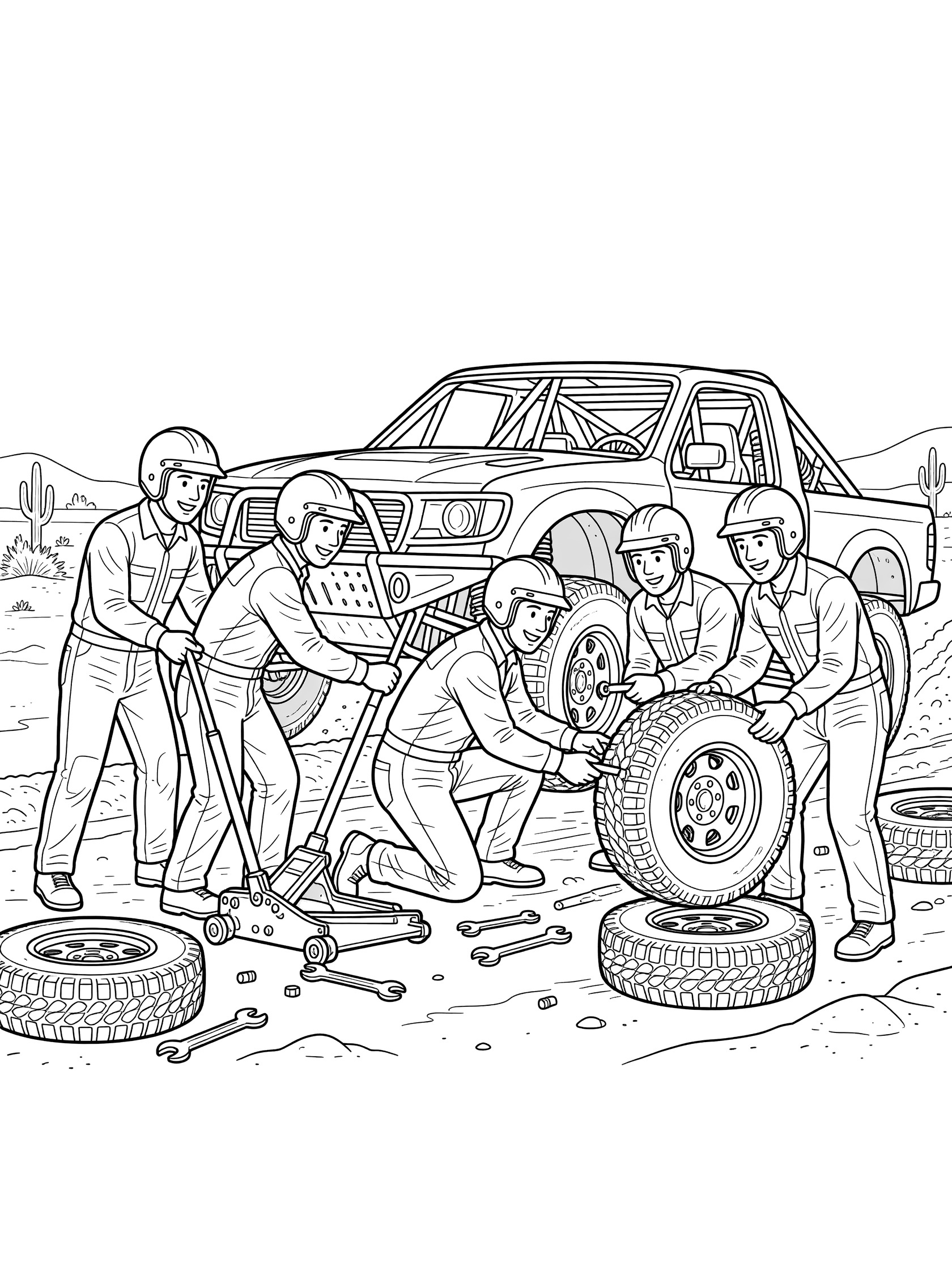 Black-and-white line art of cheerful pit crew members in jumpsuits and helmets lifting a Baja race truck with a jack and swapping large tires with wrenches and spare wheels in a dusty desert pit.