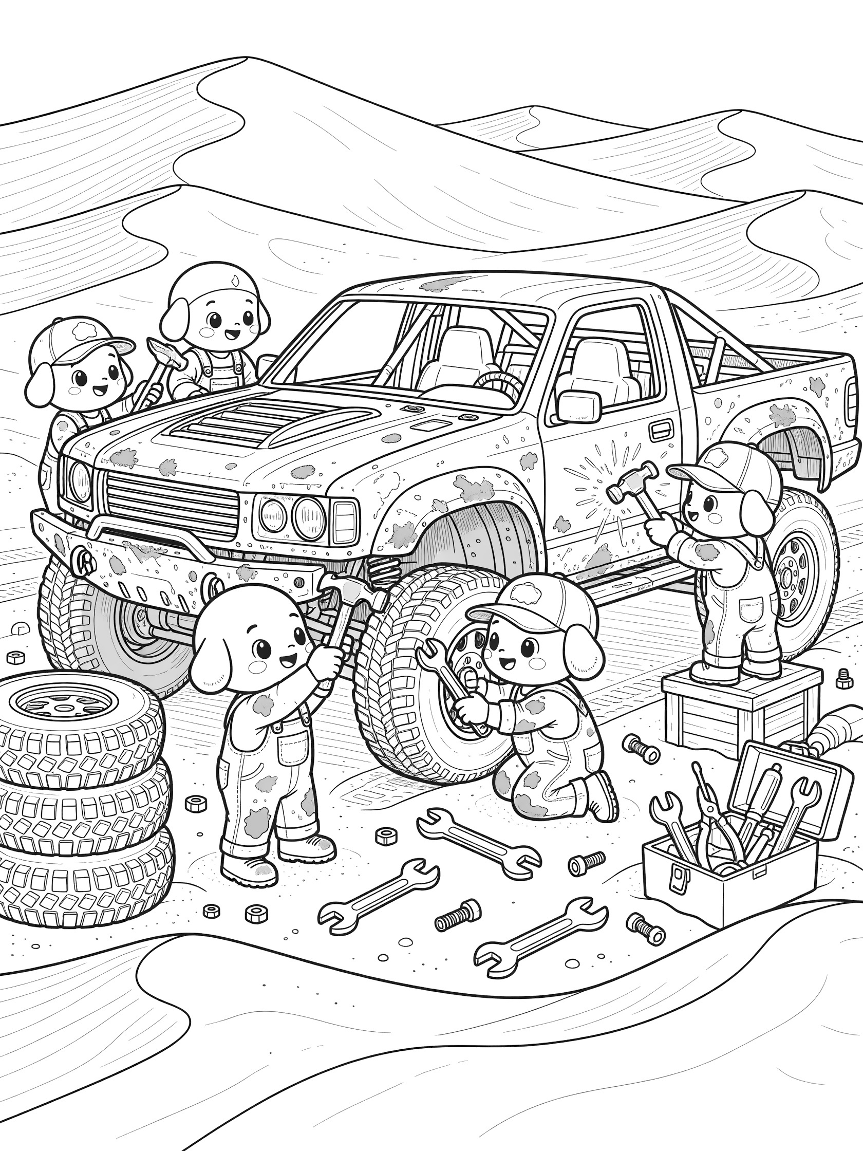 Black and white line art of adorable dog pit crew characters hammering and bolting a dented bumper on a big off-road race truck, with tires, wrenches, and toolbox nearby.