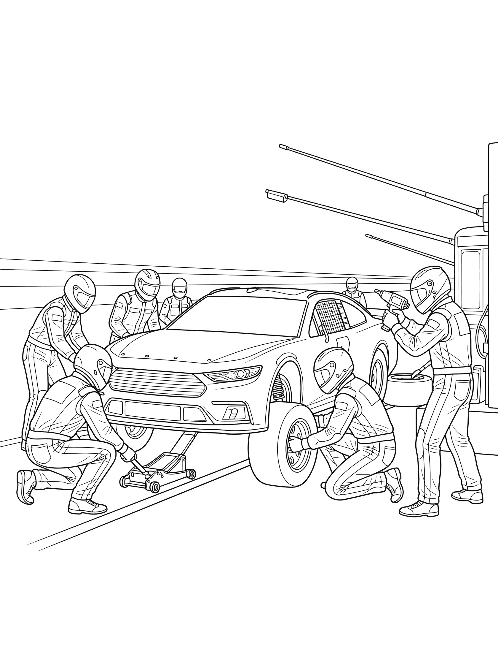 Black-and-white line art of a pit crew jacking up a stock car race car with teammates holding tires and tools in the pit box by the track.