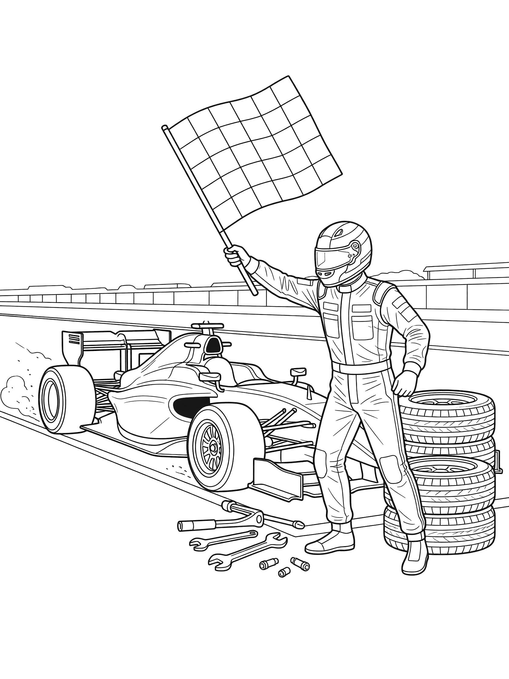 Black and white line art of a pit crew member in racing suit holding up a checkered flag, with an Indy car pulling into the pits, stacked tires, and tools nearby.