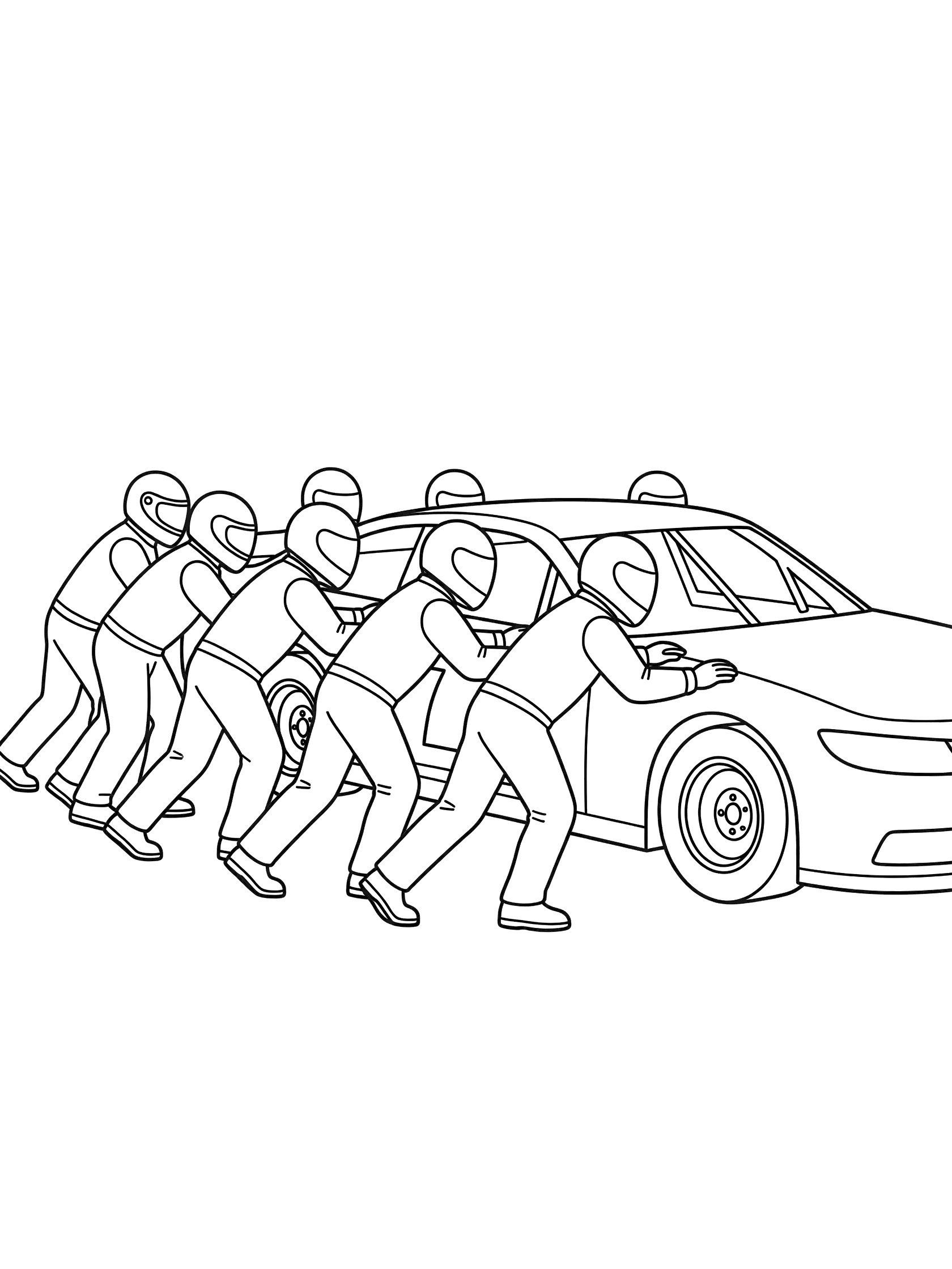 Pit crew in helmets and gloves pushing a stock race car into position, clean line art coloring page