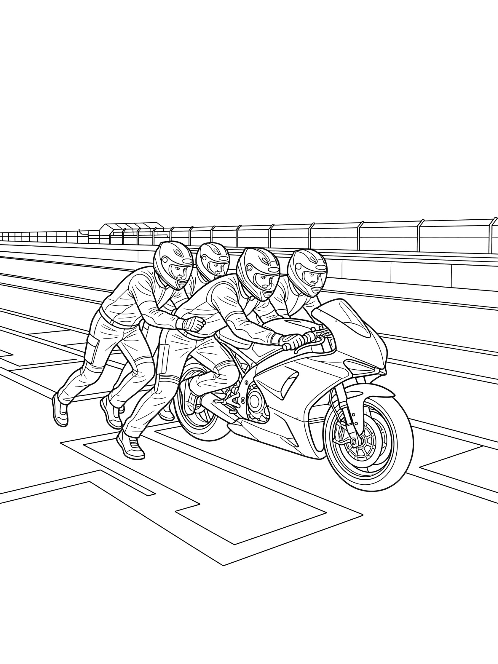 Pit crew members wearing helmets push a streamlined Moto GP racing motorcycle at the pit lane exit with track barriers in the background