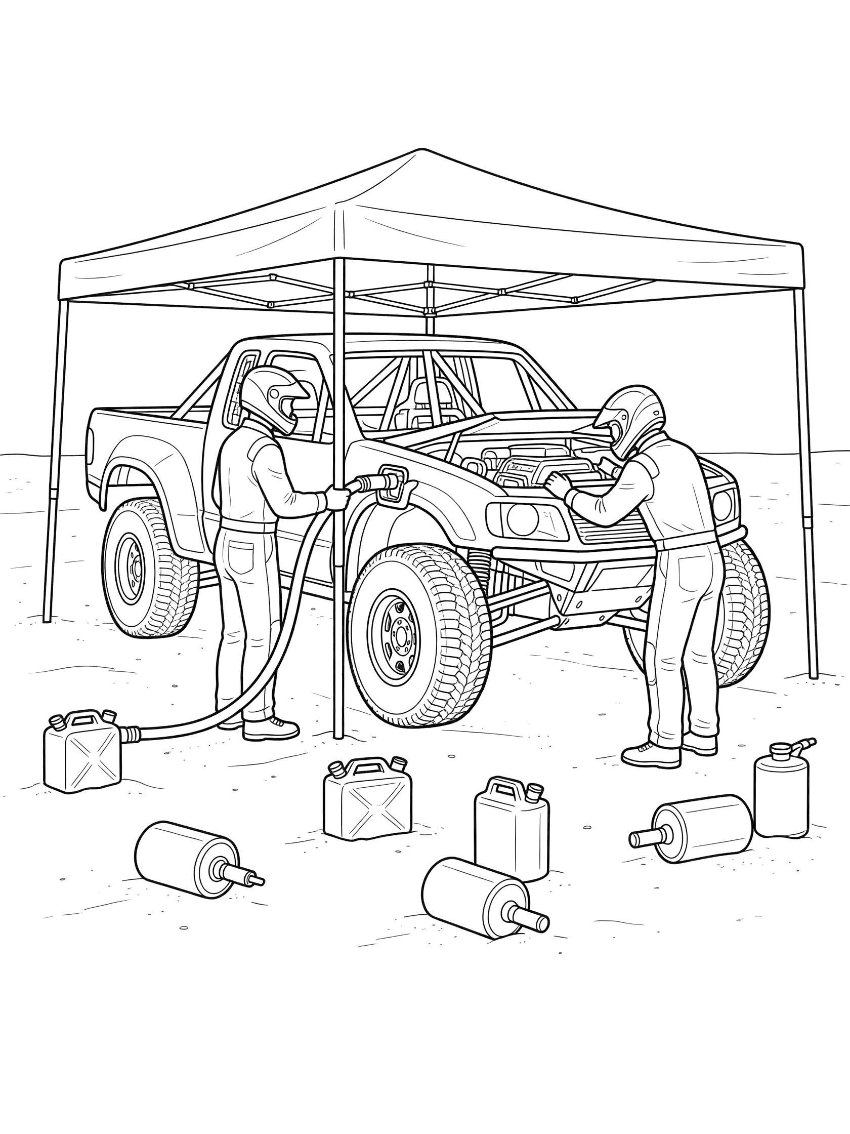 Pit crew members in helmets refueling a Baja race truck with a hose while checking the engine under a canopy, with fuel cans on sandy ground.