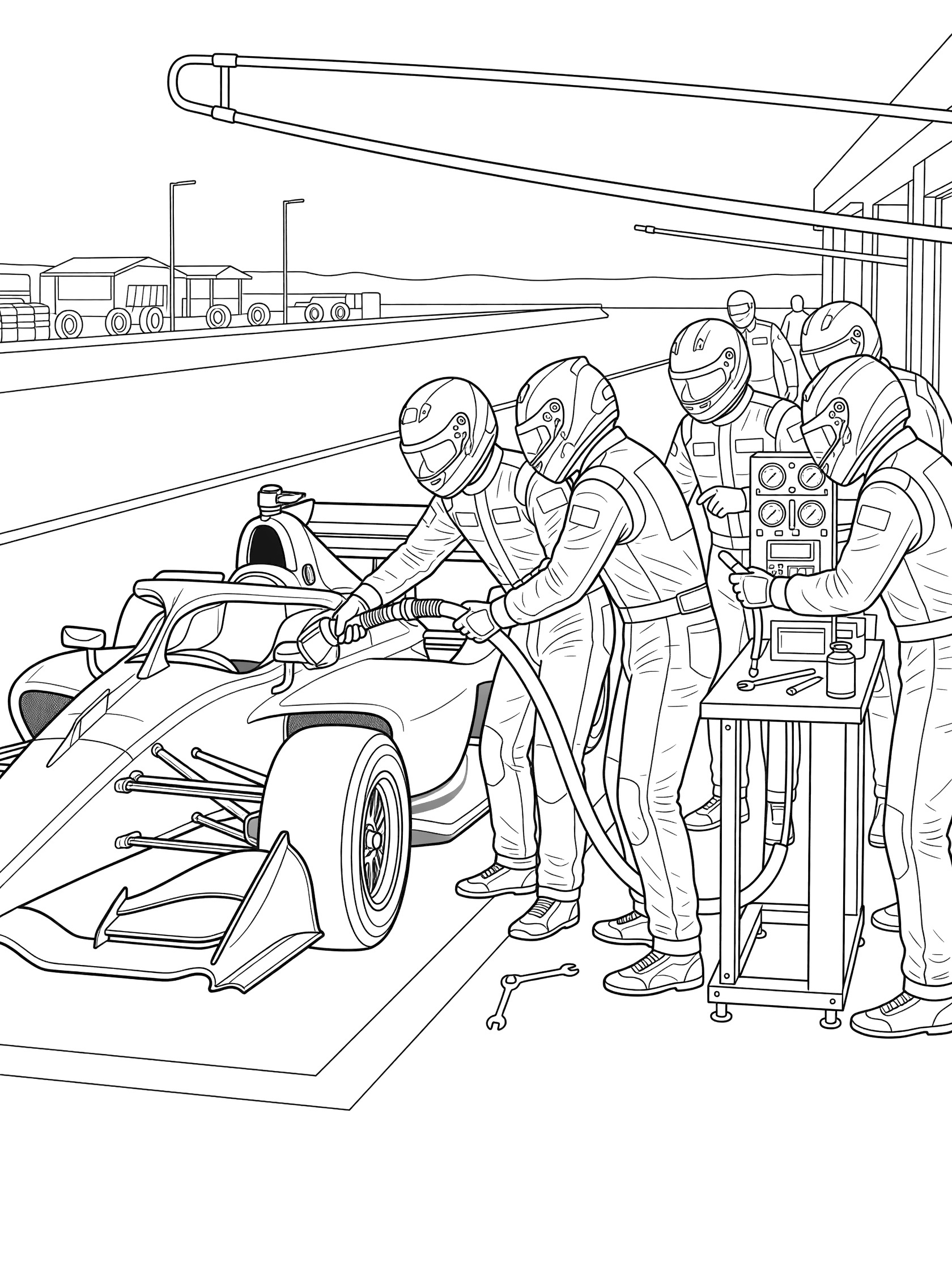 Pit crew members in helmets refueling an Indy race car with a hose in the pit stop area, detailed line drawing for coloring.