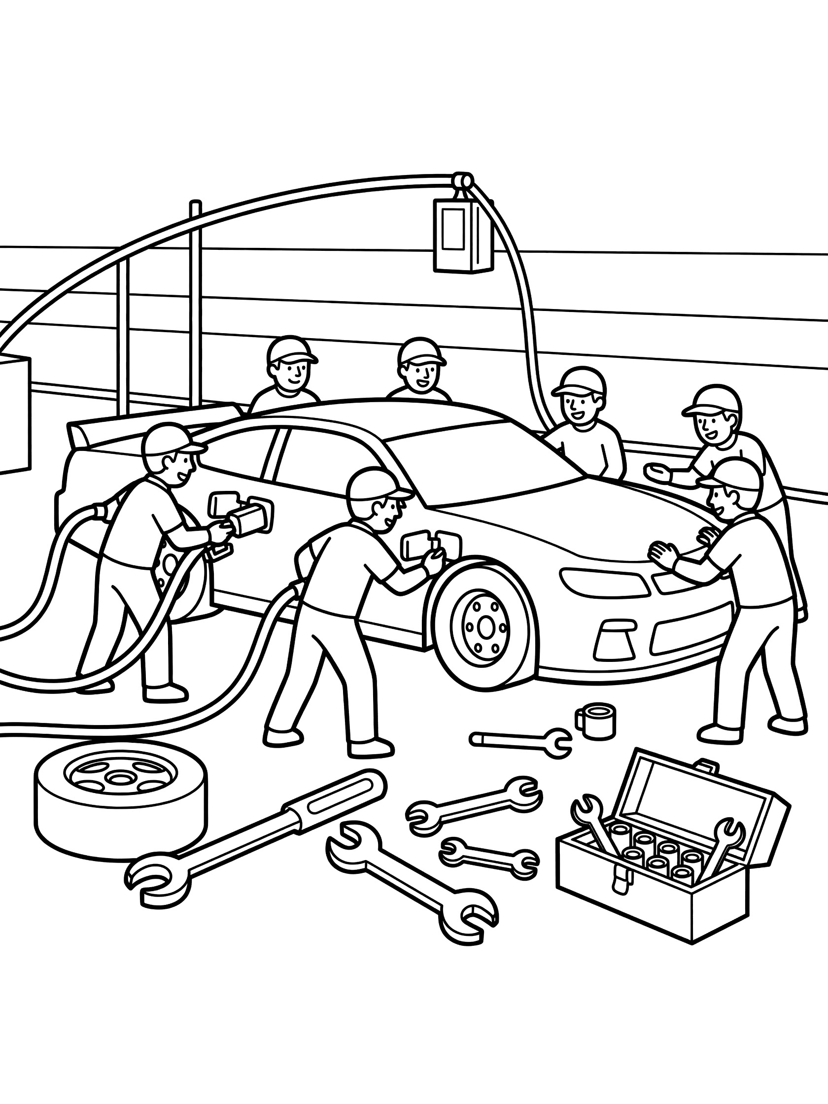 Black-and-white coloring page of pit crew refueling a race car with hoses while holding it steady, surrounded by tools and equipment in the pit area.