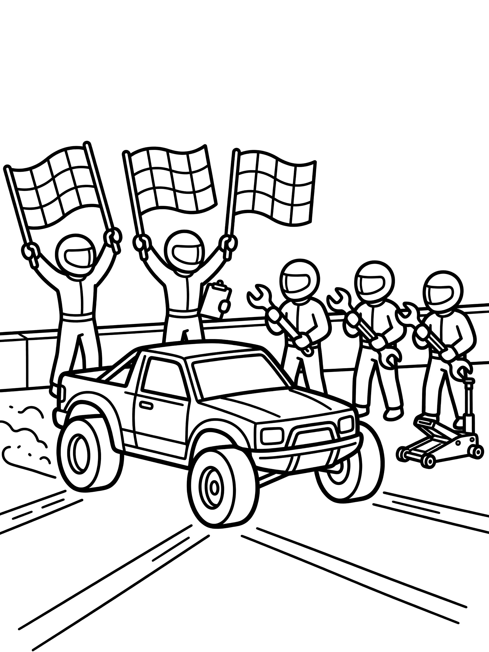 Black and white line art of Baja pit crew signaling driver with large checkered flags beside a race truck in the pit area, with wrenches and jack.