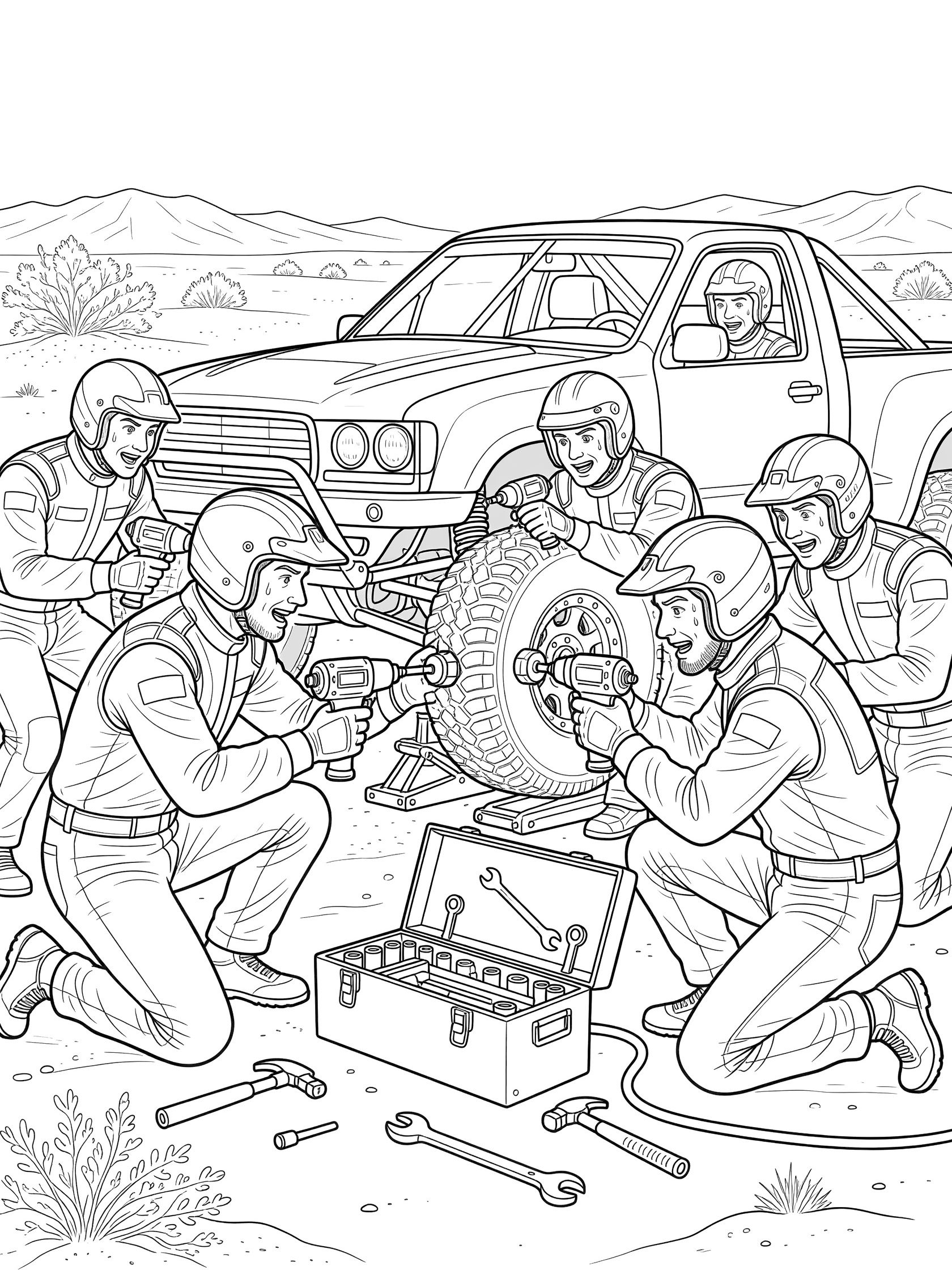 Pit crew members in helmets and racing suits using impact wrenches to tighten shiny lug nuts on massive wheels of a lifted Baja race truck, with toolbox and tools on desert ground.