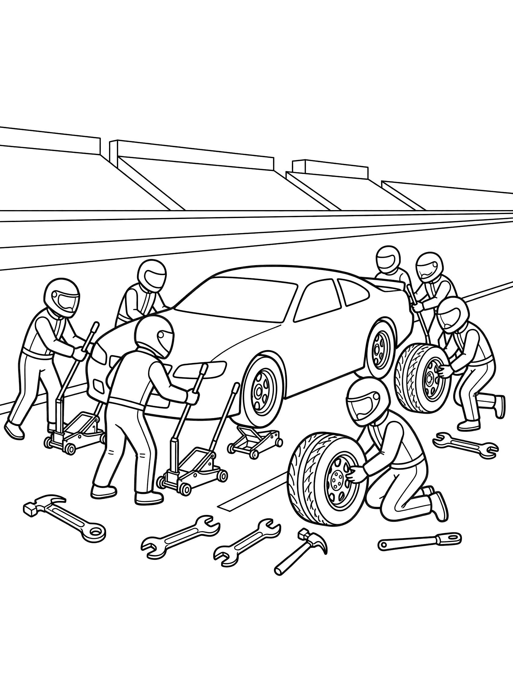 Black-and-white coloring page showing pit crew team in helmets swiftly changing tires on a lifted stock race car at the speedway, with jacks, wheels, and tools nearby.