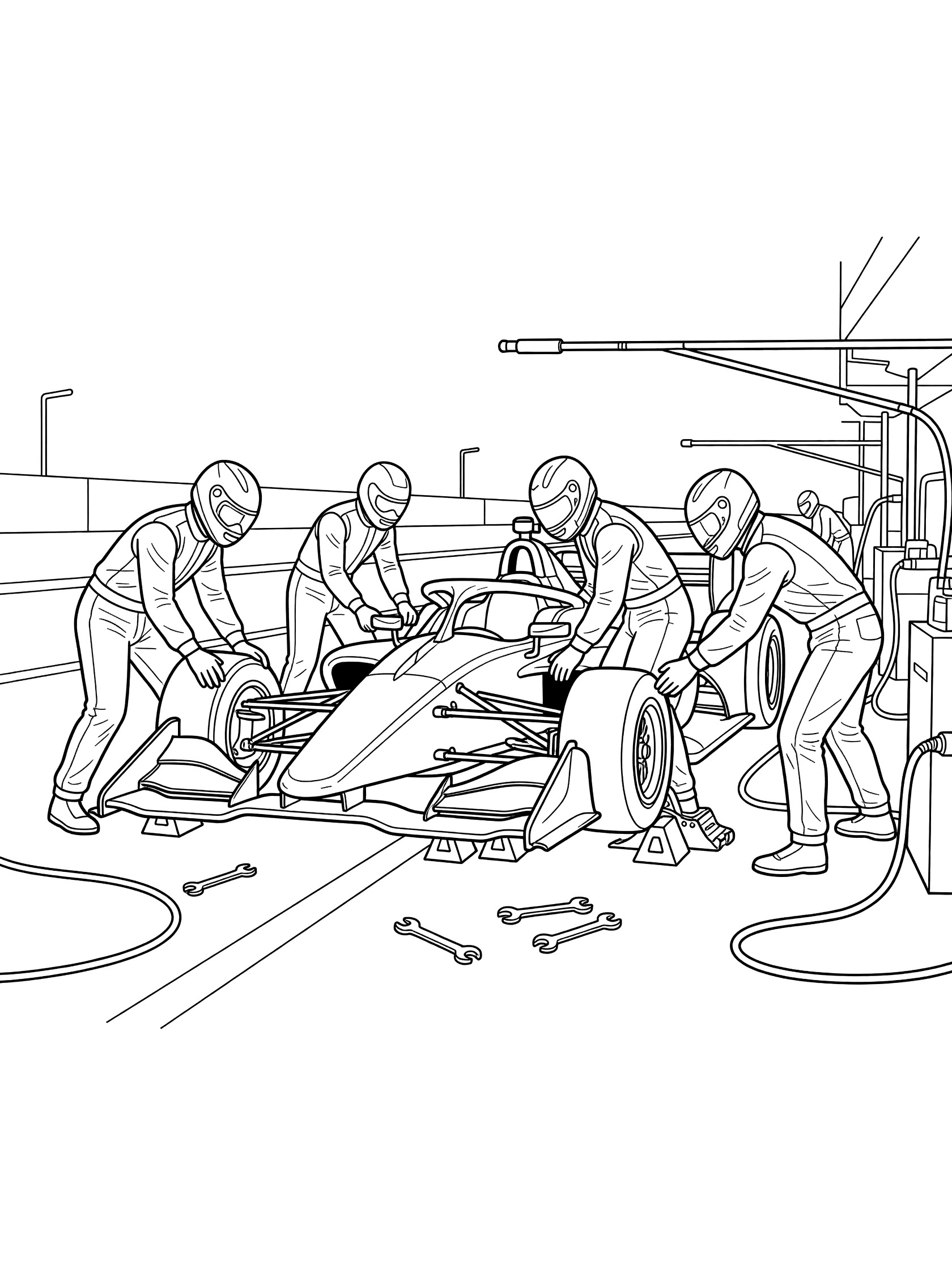 Black and white line art of pit crew members lifting a race car with a jack, holding wheels, and using tools in the Indy car pit lane.