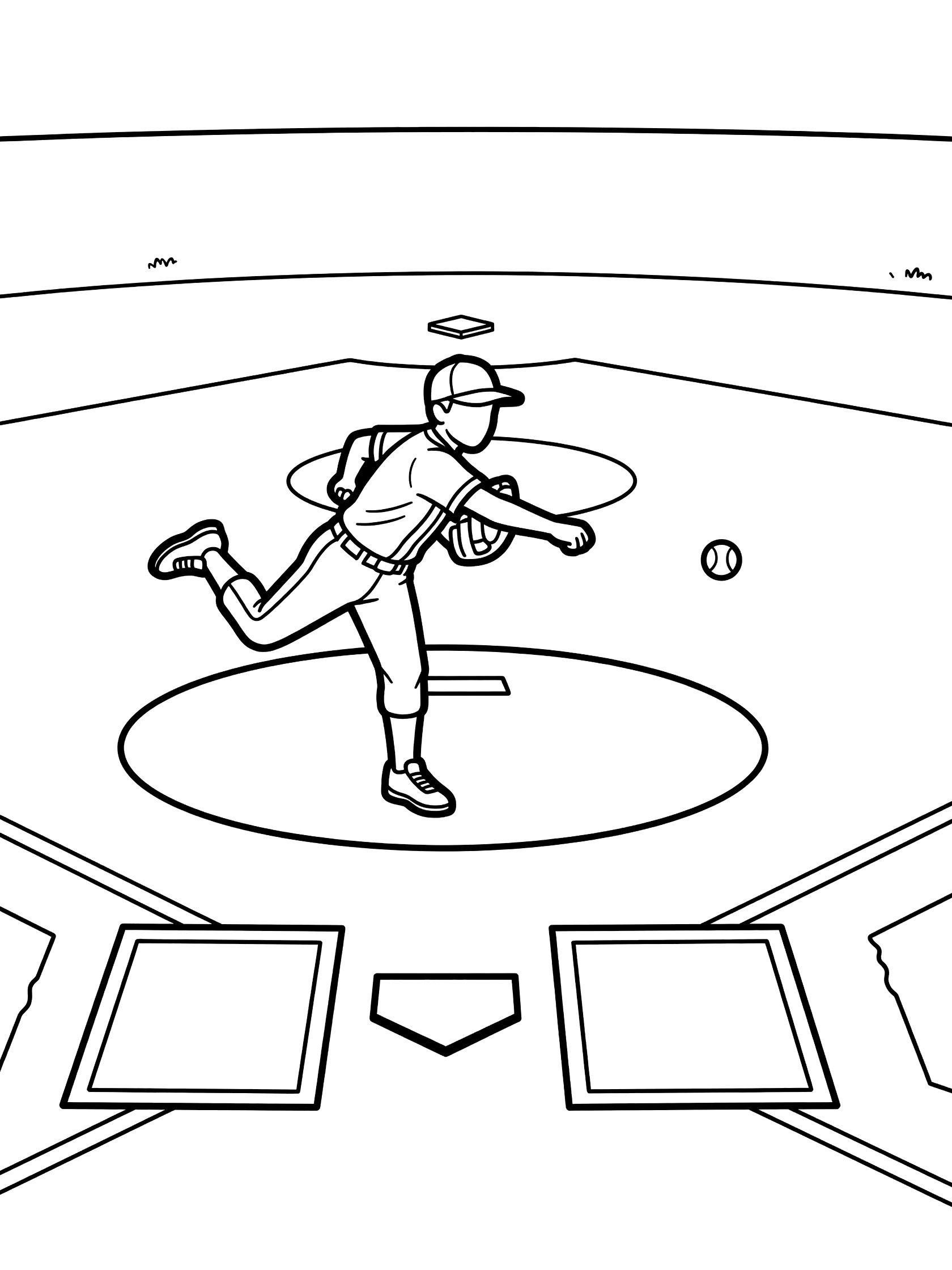 Black and white line art of a pitcher releasing the baseball ball from the pitcher's mound with infield dirt, bases, and baseball field.