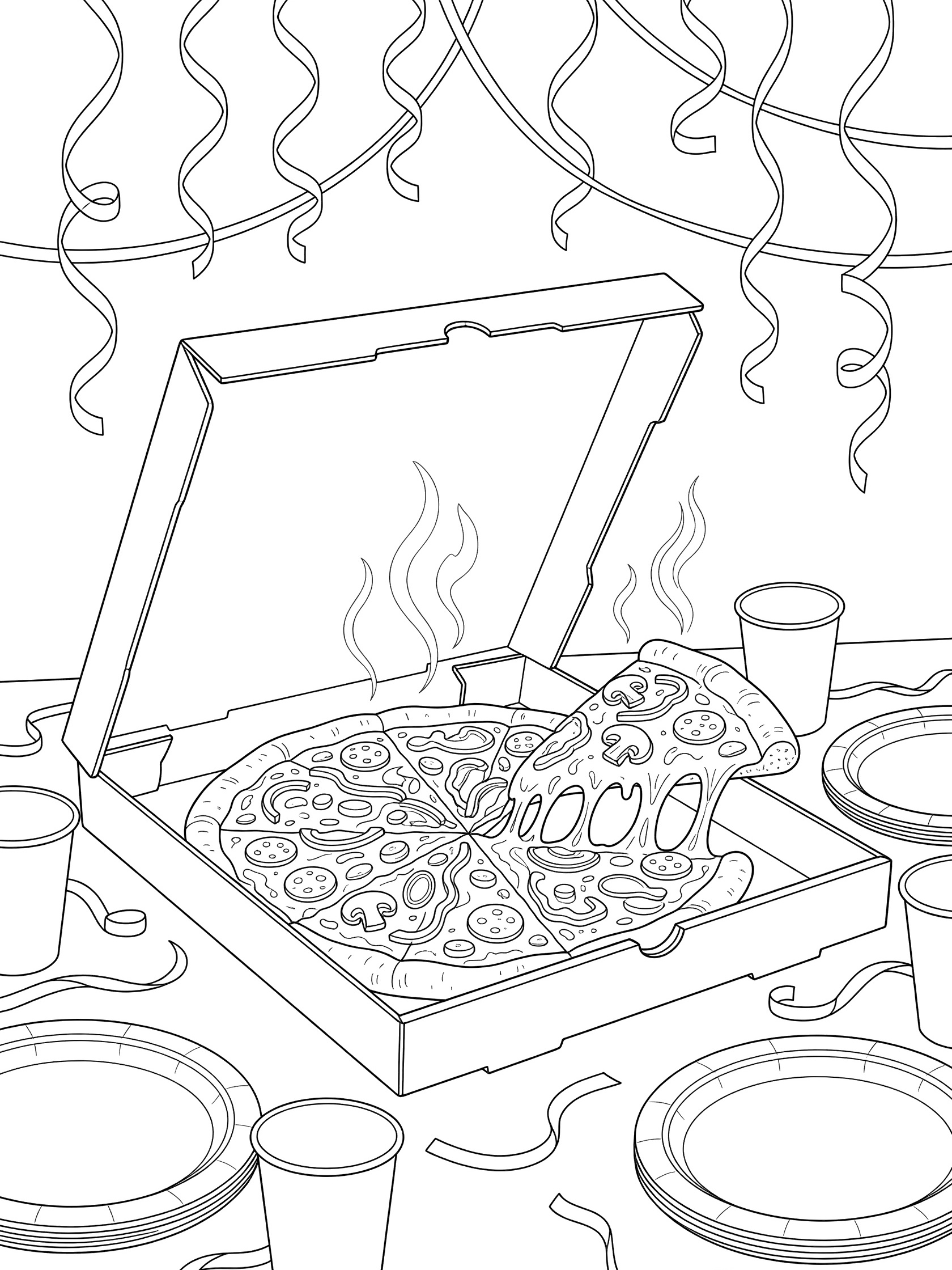 Black and white coloring page showing open pizza box with steamy pizza loaded with toppings on a party table with plates, cups, and streamers