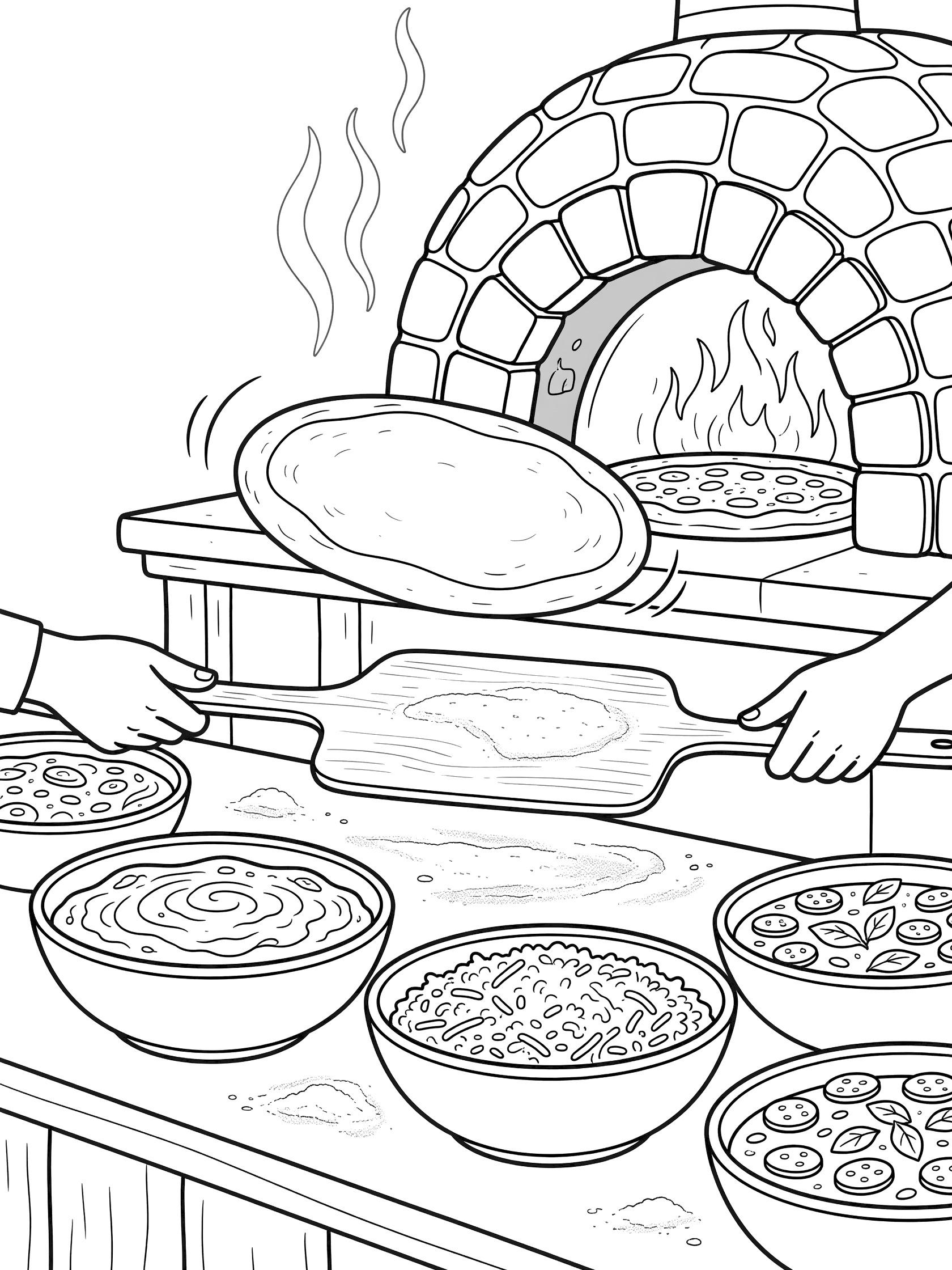 Line art coloring page showing hands tossing round pizza dough high above a wooden flour-dusted peel, with bowls of tomato sauce, cheese, peppers on counter and glowing stone pizza oven in background