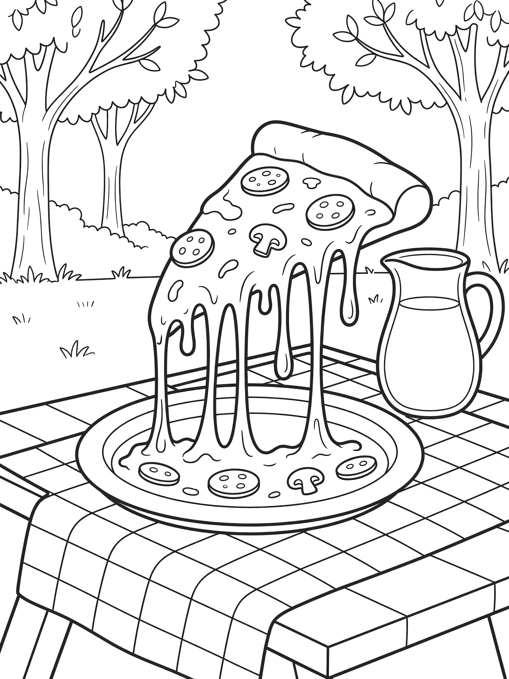 Line art coloring page showing a triangular pizza slice lifted from a paper plate on a picnic table, cheese strings dripping over pepperoni and mushrooms, checkered tablecloth, milk pitcher, and trees.