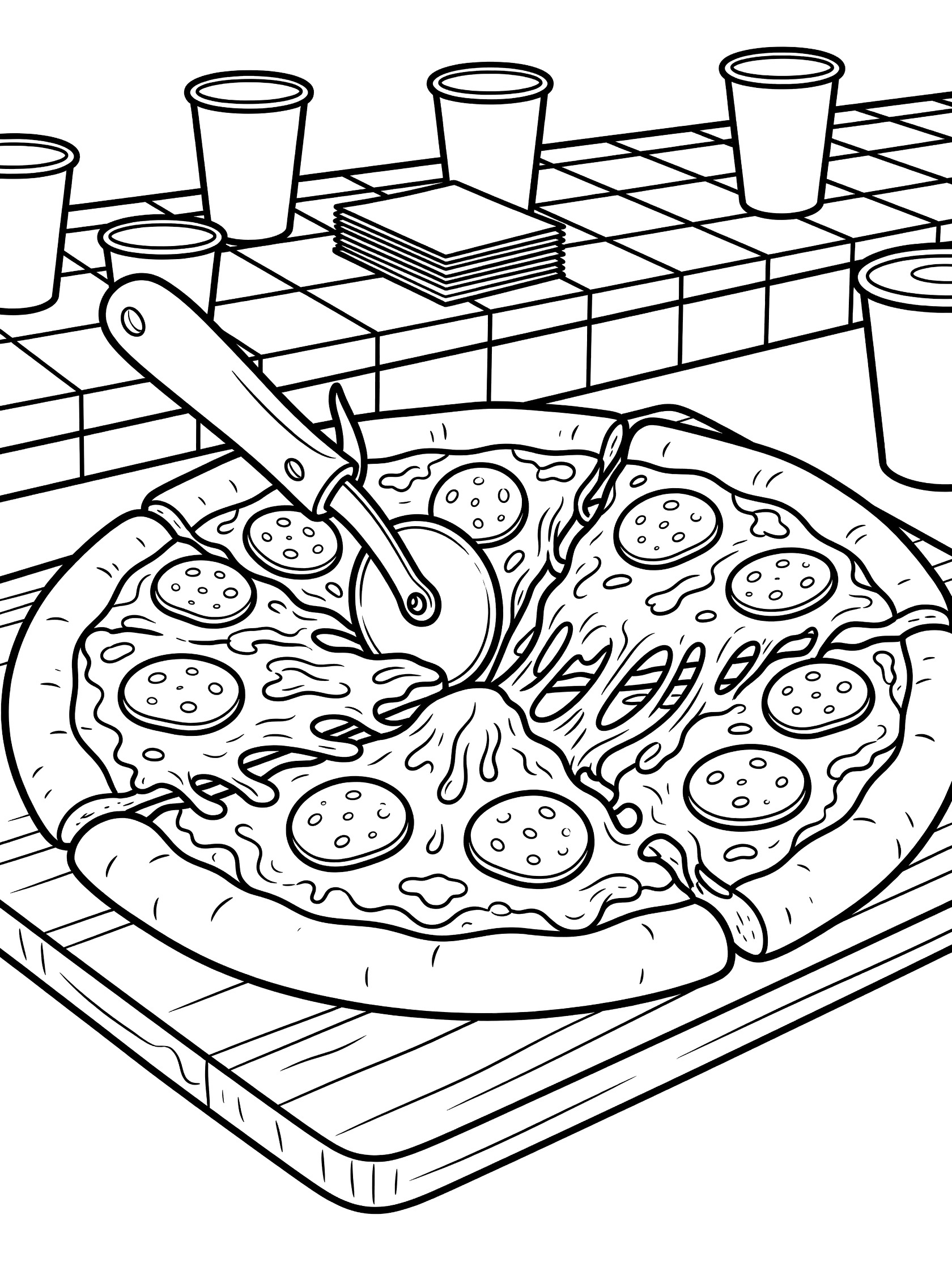 Black and white line art coloring page showing a large pepperoni pizza on a wooden cutting board with a pizza cutter slicing through gooey cheese at a fast food counter with napkins and soda cups nearby