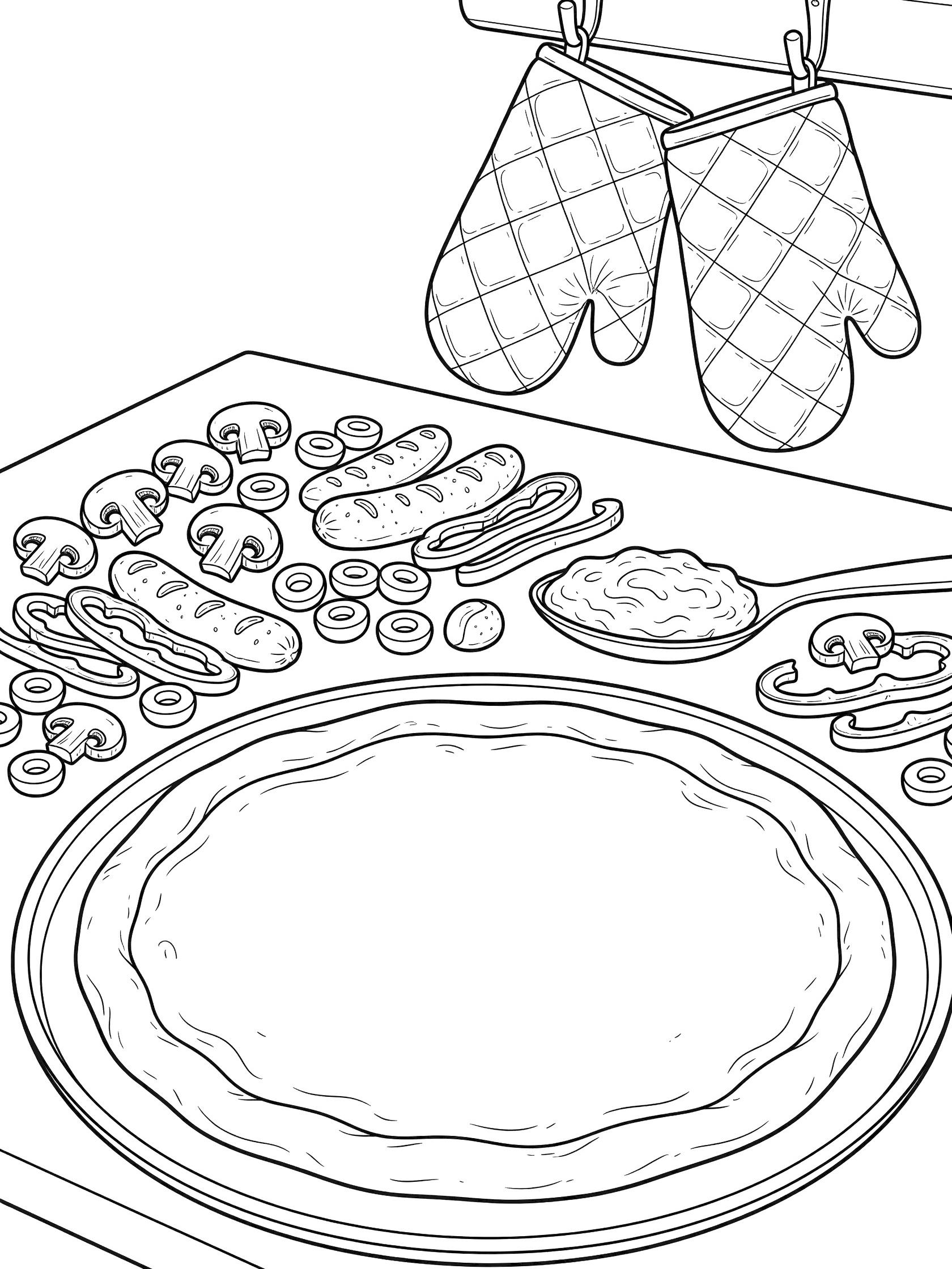 Black and white line art coloring page showing plain pizza base on round pan, surrounded by mushroom slices, black olives, sausage pieces, pepper slices, and sauce spoon on kitchen workspace with hanging oven mitts.
