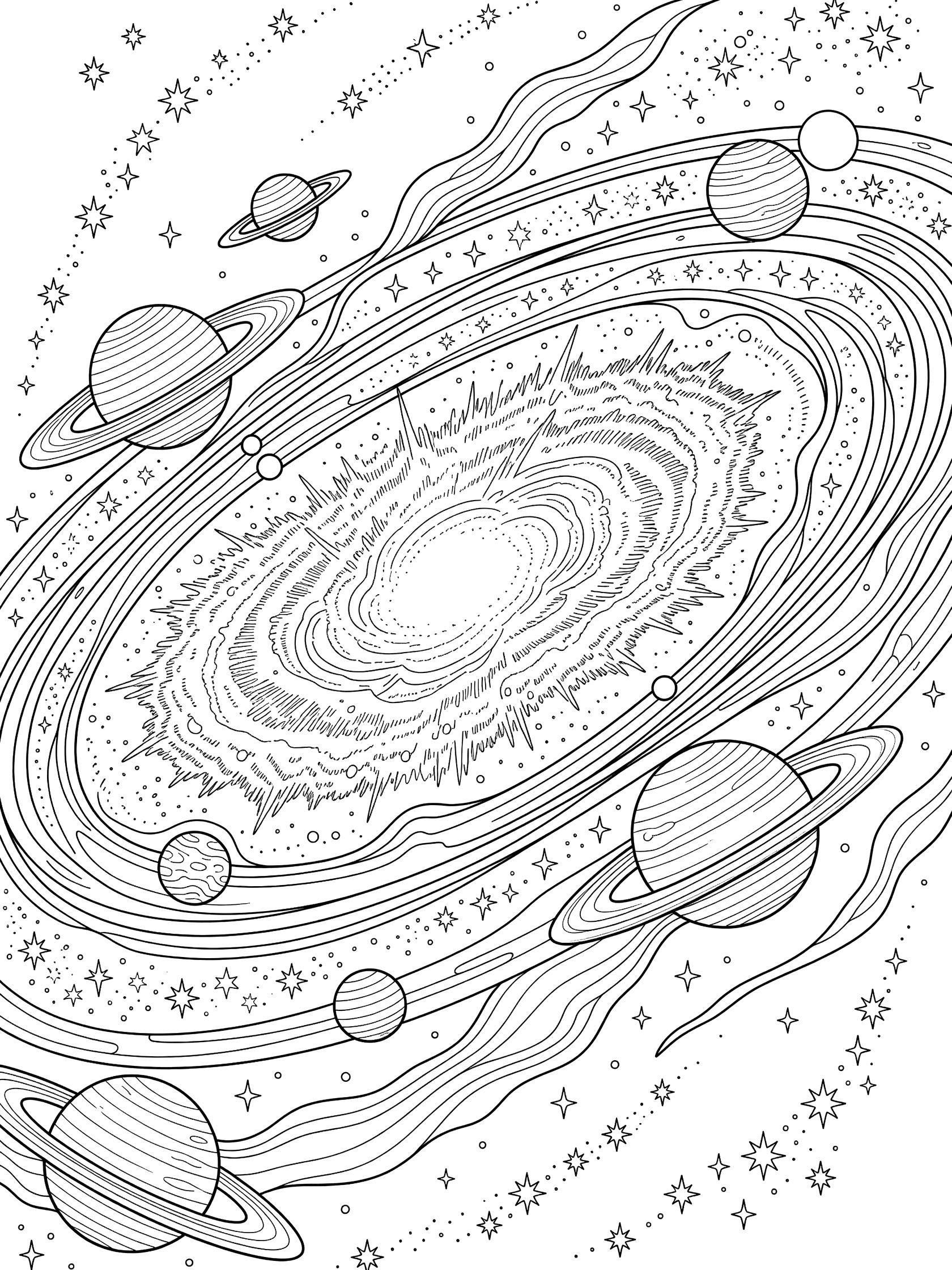 Black and white line art coloring page showing several planets orbiting a bright swirling nebula core with gas streams and star clusters in the galaxy