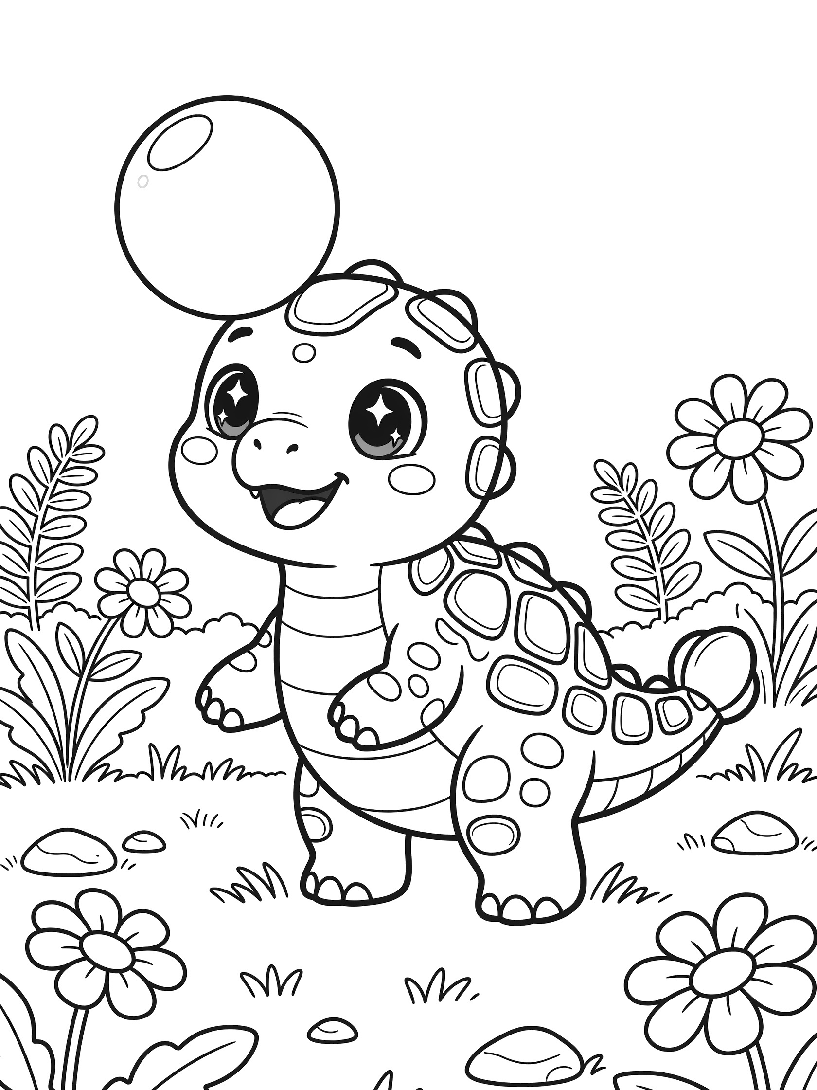 Kawaii baby Ankylosaurus dinosaur playfully balancing a large ball on its nose, surrounded by ferns, flowers, and pebbles in a simple line art coloring page.