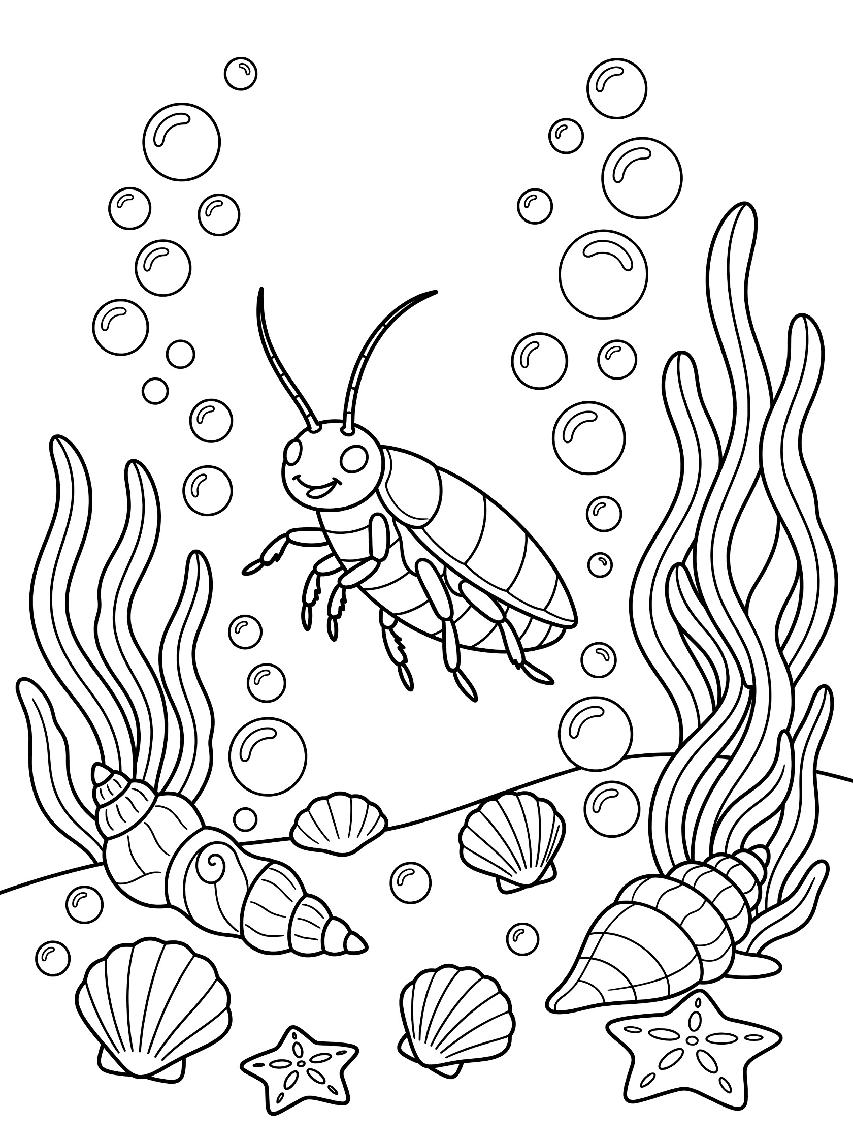 Black and white line art coloring page showing a striped bug with antennae swimming playfully surrounded by bubbles, wavy seaweed, seashells and starfish. Cockroach themed black and white printable line art