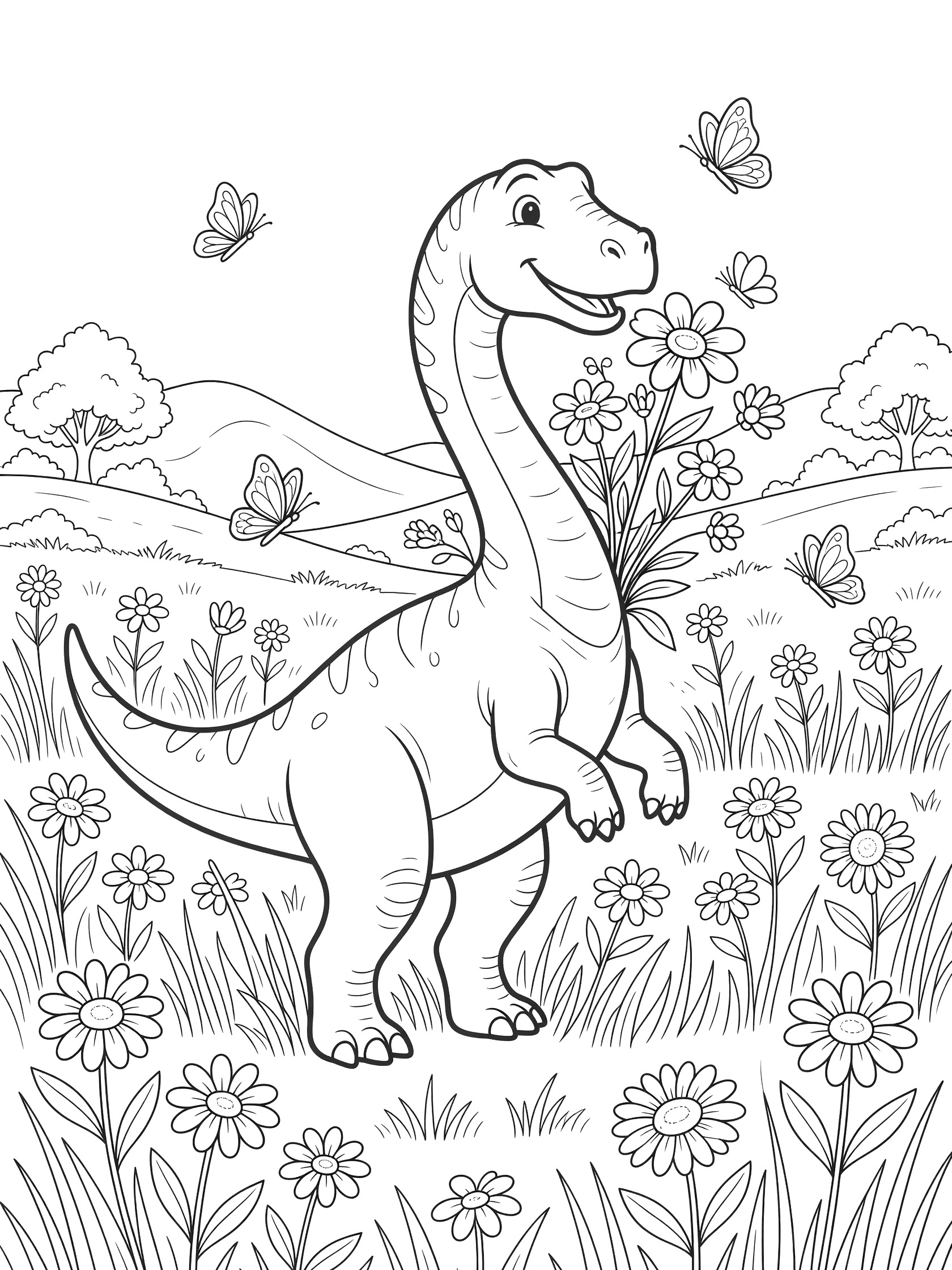 Line art coloring page showing a happy Camarasaurus dinosaur on hind legs smelling wildflowers in a meadow with butterflies, daisies, tall grass, and hills.